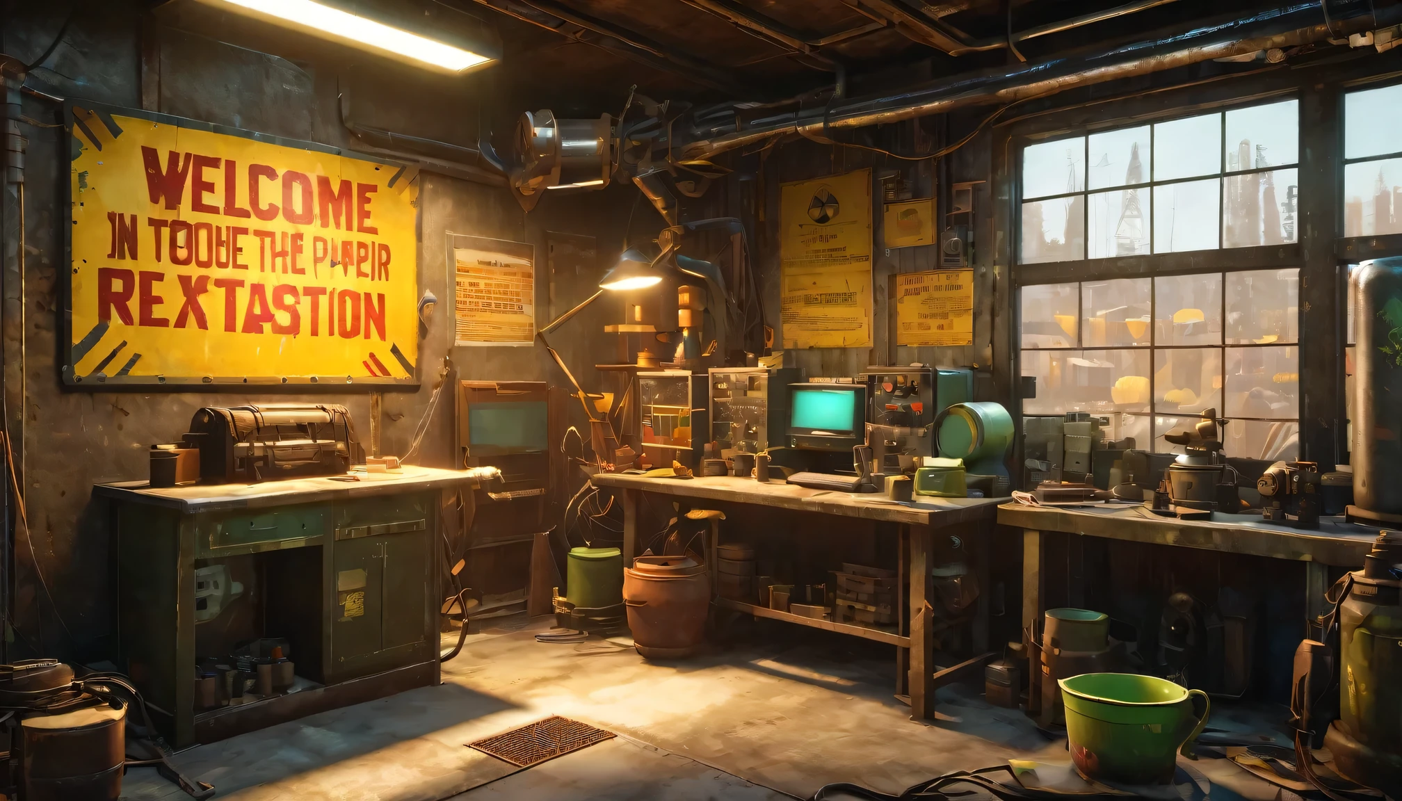 best quality, 4k, 8k, highres, masterpiece:1.2, ultra-detailed, realistic:1.37, HDR, UHD, studio lighting, ultra-fine painting, sharp focus, physically-based rendering, extreme detail description, professional, vivid colors, bokeh, (《Fallout 4》Repair Station in the game), rusty metal walls, flickering fluorescent lights, scattered tools and spare parts, a dusty workbench filled with old computer and wires, repair manuals stacked haphazardly, (a girl repairing a vintage motorcycle),camouflage outfit,protective goggles,dirt smudges on her face and hands,(heavy duty repair equipment),hardworking and determined expression,small windows covered in grime, a sign that says "Welcome to the Repair Station", a poster of a nuclear reactor with warning signs, old coffee mugs with faded logos, graffiti on the walls depicting mutated creatures color scheme with desaturated, muted tones, giving a sense of the post-apocalyptic world soft, dim lighting from the flickering fluorescent lights, casting eerie shadows on the walls and objects