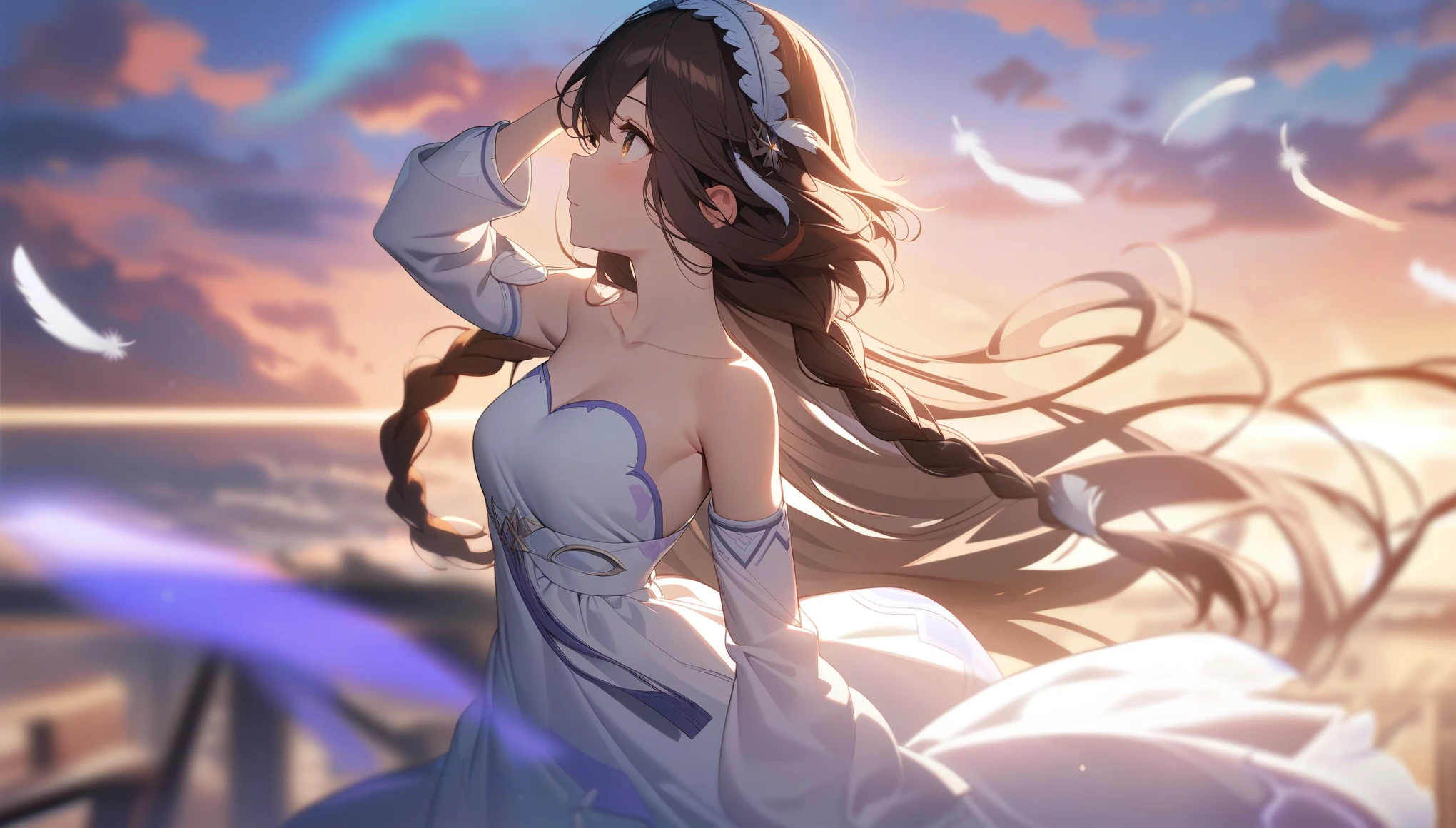 (masterpiece, detailed eyes, shining eyes:1.2), (dark seele character), (looking at vieweer, hand in head, lens flare:1.1), solo, long hair, breasts, blush, brown hair, hair ornament, long sleeves, dress, holding, bare shoulders, brown eyes, jewelry, very long hair, braid, outdoors, detached sleeves, sky, day, cloud, white dress, blurry, twin braids, from side, blue sky, strapless, profile, depth of field, birds in sky, feathers, wind, strapless dress, headdress, multiple braids, full-medium shot, (hd wallpaper, detailed, sunset, movement effect, blurry vignette, glow:1.1)