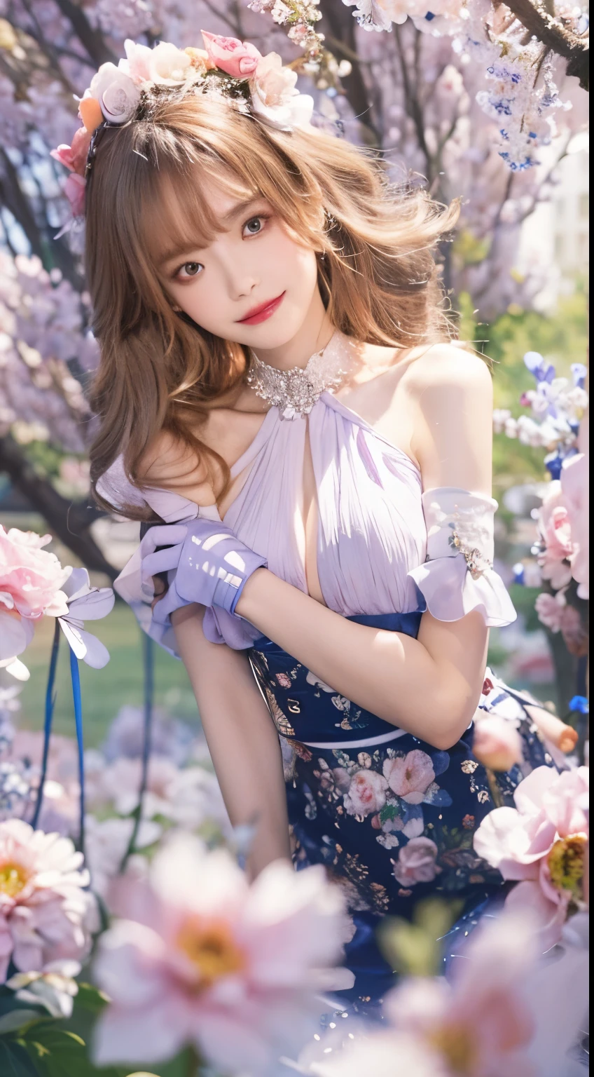 best quality, masterpiece, Ultra-high resolution, (Reality:1.4), original photo, 1 Girl, White Dress, Off-shoulder, Blossom flower field, glowing skin, A faint smile