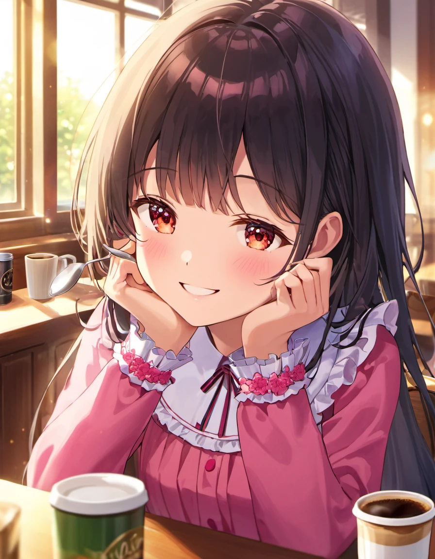 close up face, small smile, (adolescence girl), (petite), (pink detailed frilly dress), beautiful long straight hair, blunt bangs, black hair, A coffee date. Soft lighting envelops the room, and the aroma of freshly brewed coffee fills the air. Two cups and spoons are neatly arranged on the table, and through the window, a glimpse of the outside world can be seen.