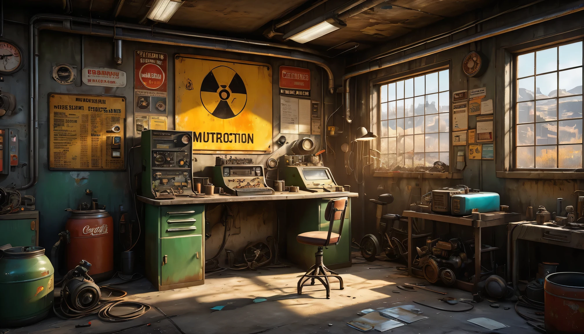 best quality, 4k, 8k, highres, masterpiece:1.2, ultra-detailed, realistic:1.37, HDR, UHD, studio lighting, ultra-fine painting, sharp focus, physically-based rendering, extreme detail description, professional, vivid colors, bokeh, (《Fallout 4》Repair Station in the game), rusty metal walls, flickering fluorescent lights, scattered tools and spare parts, a dusty workbench filled with old computer and wires, repair manuals stacked haphazardly, (a girl repairing a vintage motorcycle),camouflage outfit,protective goggles,dirt smudges on her face and hands,(heavy duty repair equipment),hardworking and determined expression,small windows covered in grime, a sign that says "Welcome to the Repair Station", a poster of a nuclear reactor with warning signs, old coffee mugs with faded logos, graffiti on the walls depicting mutated creatures color scheme with desaturated, muted tones, giving a sense of the post-apocalyptic world soft, dim lighting from the flickering fluorescent lights, casting eerie shadows on the walls and objects