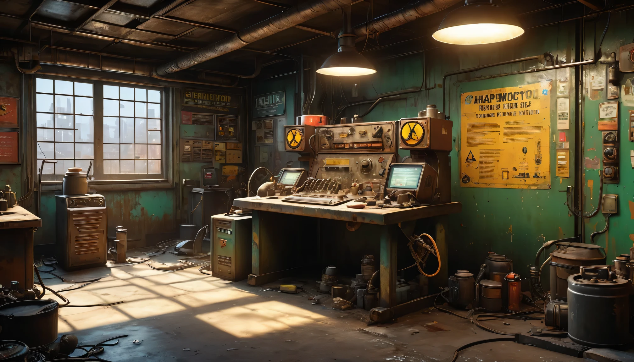 best quality, 4k, 8k, highres, masterpiece:1.2, ultra-detailed, realistic:1.37, HDR, UHD, studio lighting, ultra-fine painting, sharp focus, physically-based rendering, extreme detail description, professional, vivid colors, bokeh, (《Fallout 4》Repair Station in the game), rusty metal walls, flickering fluorescent lights, scattered tools and spare parts, a dusty workbench filled with old computer and wires, repair manuals stacked haphazardly, (a girl repairing a vintage motorcycle),camouflage outfit,protective goggles,dirt smudges on her face and hands,(heavy duty repair equipment),hardworking and determined expression,small windows covered in grime, a sign that says "Welcome to the Repair Station", a poster of a nuclear reactor with warning signs, old coffee mugs with faded logos, graffiti on the walls depicting mutated creatures color scheme with desaturated, muted tones, giving a sense of the post-apocalyptic world soft, dim lighting from the flickering fluorescent lights, casting eerie shadows on the walls and objects