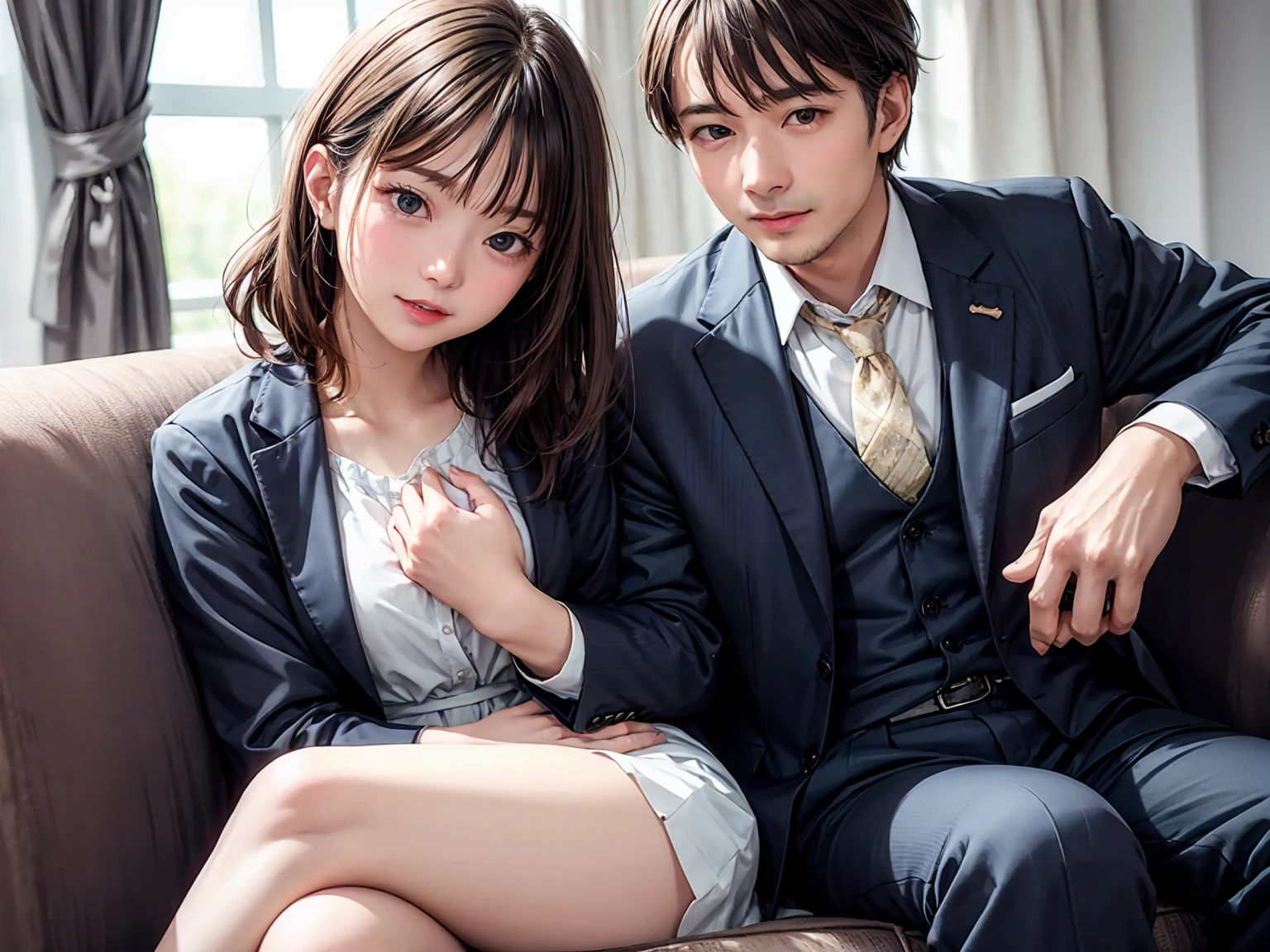highest quality、4K quality、Woman in dress lying on sofa、Man in suit riding woman、A man places his hand on a woman's chest、slender、Small face、18-year-old、A man puts his hand on a woman's crotch