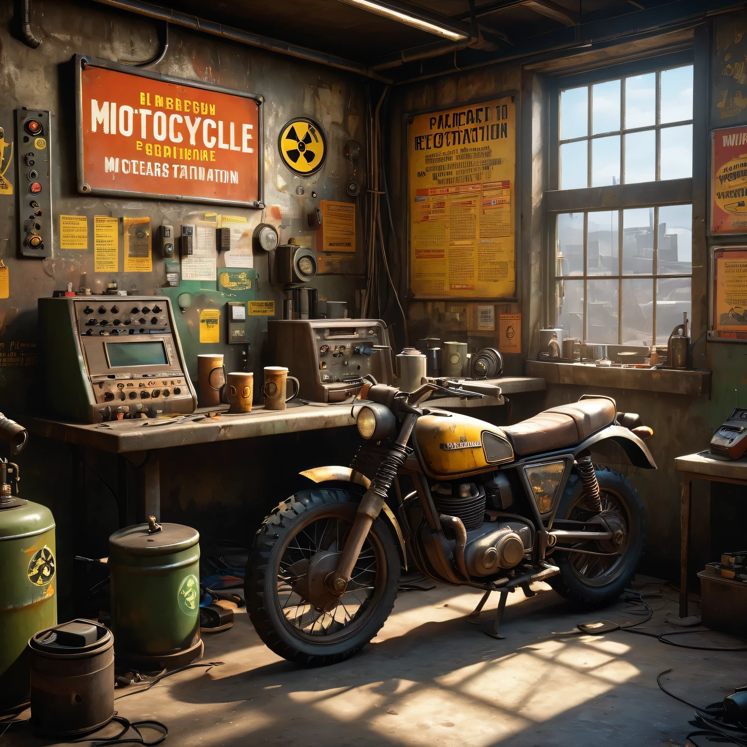 best quality, 4k, 8k, highres, masterpiece:1.2, ultra-detailed, realistic:1.37, HDR, UHD, studio lighting, ultra-fine painting, sharp focus, physically-based rendering, extreme detail description, professional, vivid colors, bokeh, (《Fallout 4》Repair Station in the game), rusty metal walls, flickering fluorescent lights, scattered tools and spare parts, a dusty workbench filled with old computer and wires, repair manuals stacked haphazardly, (a girl repairing a vintage motorcycle with a broken engine),camouflage outfit,protective goggles,dirt smudges on her face and hands,(heavy duty repair equipment),hardworking and determined expression,small windows covered in grime, a sign that says "Welcome to the Repair Station", a poster of a nuclear reactor with warning signs, old coffee mugs with faded logos, graffiti on the walls depicting mutated creatures color scheme with desaturated, muted tones, giving a sense of the post-apocalyptic world soft, dim lighting from the flickering fluorescent lights, casting eerie shadows on the walls and objects