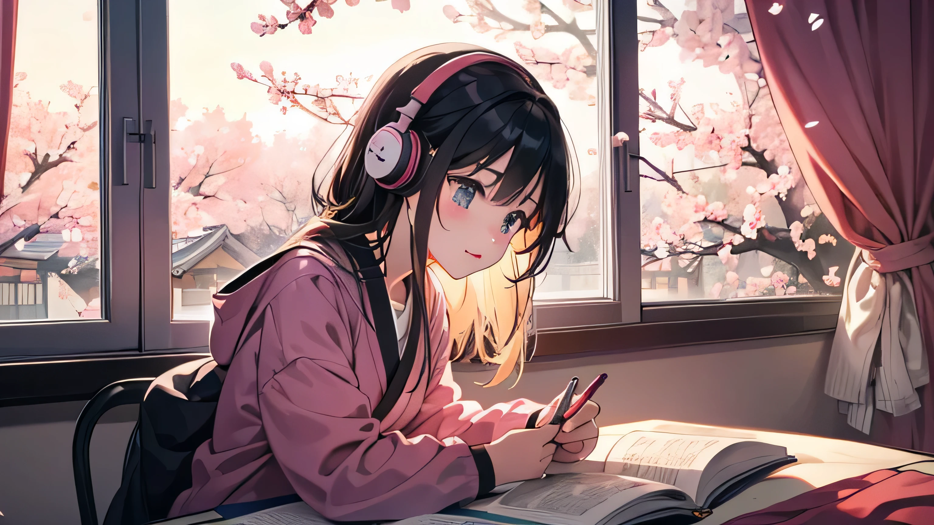 A girl studying in her room with headphones on　It&#39;s spring　Cherry blossoms outside the window　Time is dusk　Japanese animation style