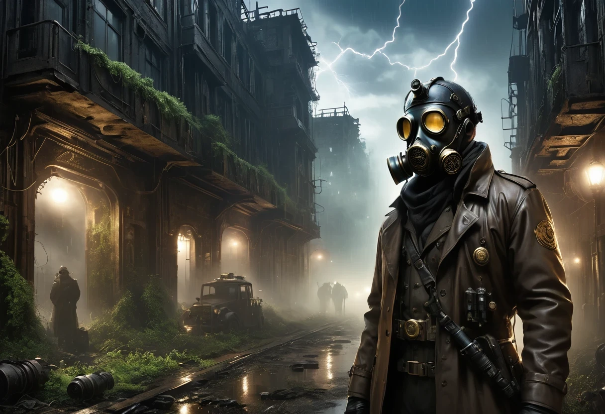 A future doctor in a white robe wearing a future Gas Mask walks through a destroyed future city，Heavy rain(illumination,The City of Doom,abandoned,dystopia,Futurism,Dark atmosphere,Overgrown vegetation,deserted street,Crumbling building,black wall,broken windows,There are pieces everywhere,create desolation、chaotic atmosphere. ),[Steampunk survivor,Gas Mask,Trench coat,Brass decoration,cogs and gears,]，The sky is dark,heavily clouded,Dazzling lightning,despair,Unforgettable Silence,lost hope,Epidemic of disease.Sepia color palette,Strong contrast,Mood lighting.(best quality,high resolution,masterpiece:1.2)，background fog， high resolution， detail， RAW photos， Sharp Reinsurance， Nikon D850 Film Photo by Jefferies Lee 4 Kodak Portra 400 Camera F1.6 Guns, Rich colors, Ultra-realistic and vivid textures, Dramatic Lighting, Unreal Engine Art Station Trends, Sinester 800，