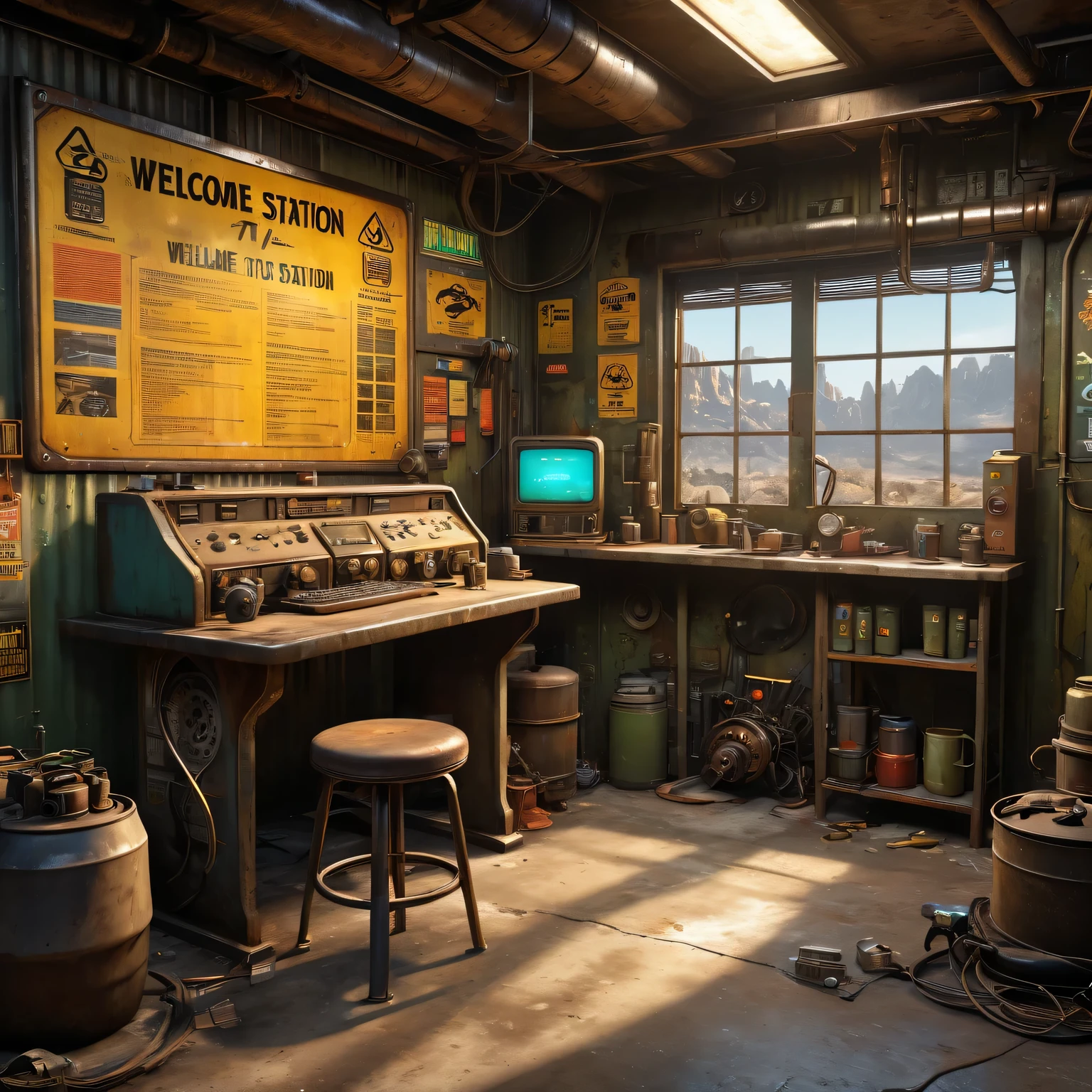 best quality, 4k, 8k, highres, masterpiece:1.2, ultra-detailed, realistic:1.37, HDR, UHD, studio lighting, ultra-fine painting, sharp focus, physically-based rendering, extreme detail description, professional, vivid colors, bokeh, (《Fallout 4》Repair Station in the game), rusty metal walls, flickering fluorescent lights, scattered tools and spare parts, a dusty workbench filled with old computer and wires, repair manuals stacked haphazardly, (a girl repairing a vintage motorcycle with a broken engine),camouflage outfit,protective goggles,dirt smudges on her face and hands,(heavy duty repair equipment),hardworking and determined expression,small windows covered in grime, a sign that says "Welcome to the Repair Station", a poster of a nuclear reactor with warning signs, old coffee mugs with faded logos, graffiti on the walls depicting mutated creatures color scheme with desaturated, muted tones, giving a sense of the post-apocalyptic world soft, dim lighting from the flickering fluorescent lights, casting eerie shadows on the walls and objects