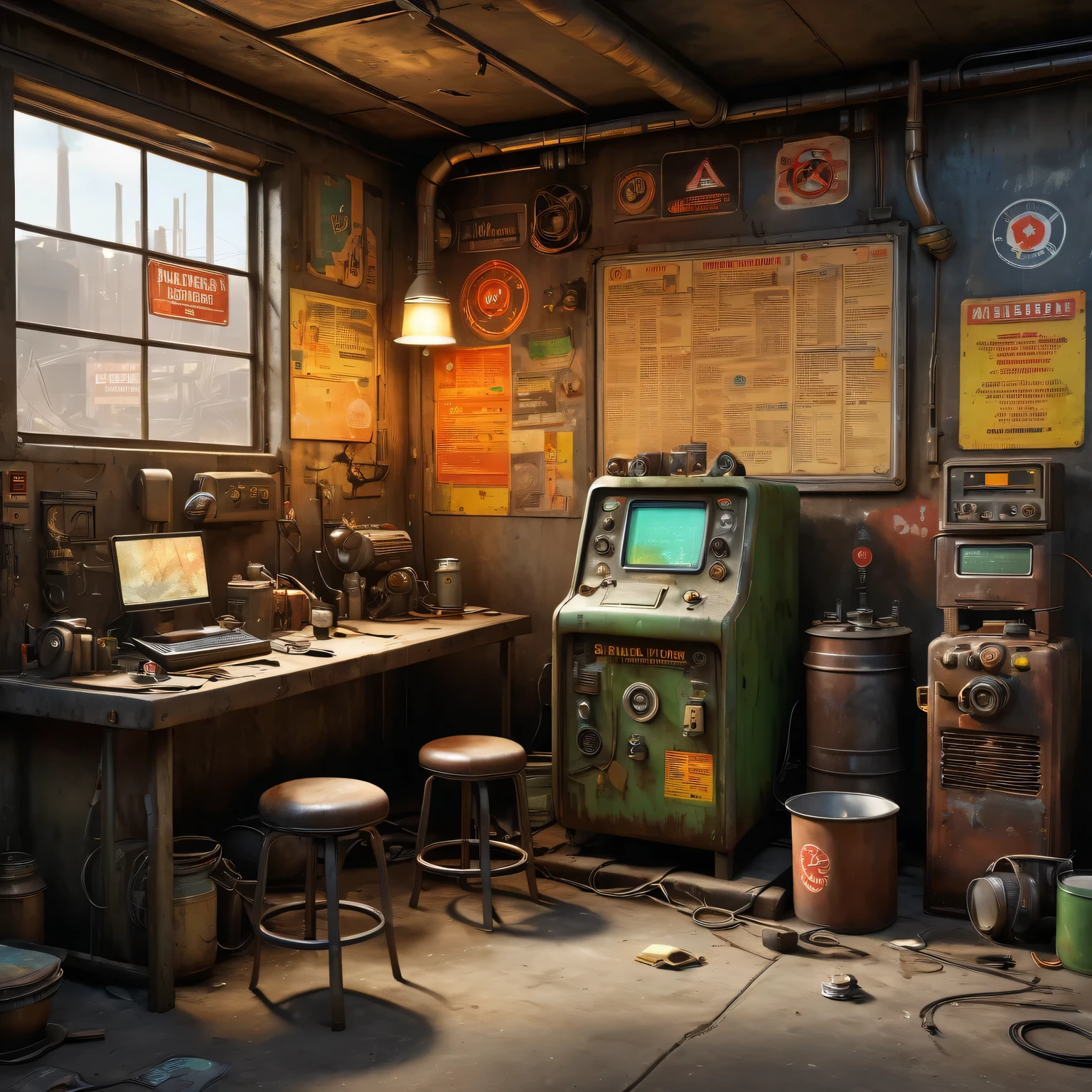 best quality, 4k, 8k, highres, masterpiece:1.2, ultra-detailed, realistic:1.37, HDR, UHD, studio lighting, ultra-fine painting, sharp focus, physically-based rendering, extreme detail description, professional, vivid colors, bokeh, (《Fallout 4》Repair Station in the game), rusty metal walls, flickering fluorescent lights, scattered tools and spare parts, a dusty workbench filled with old computer and wires, repair manuals stacked haphazardly, (a girl repairing a vintage motorcycle with a broken engine),camouflage outfit,protective goggles,dirt smudges on her face and hands,(heavy duty repair equipment),hardworking and determined expression,small windows covered in grime, a sign that says "Welcome to the Repair Station", a poster of a nuclear reactor with warning signs, old coffee mugs with faded logos, graffiti on the walls depicting mutated creatures color scheme with desaturated, muted tones, giving a sense of the post-apocalyptic world soft, dim lighting from the flickering fluorescent lights, casting eerie shadows on the walls and objects