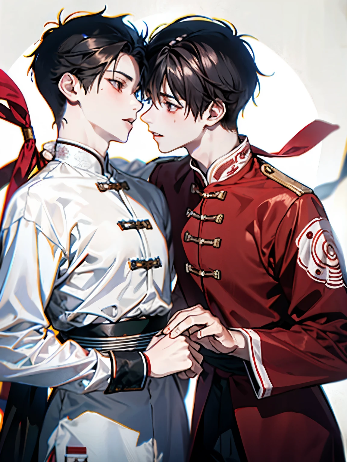 White and red clothes,(Two boys around 18 years old:1.5),Ancient Chinese style war god clothing,They are staring at each other,(kiss)