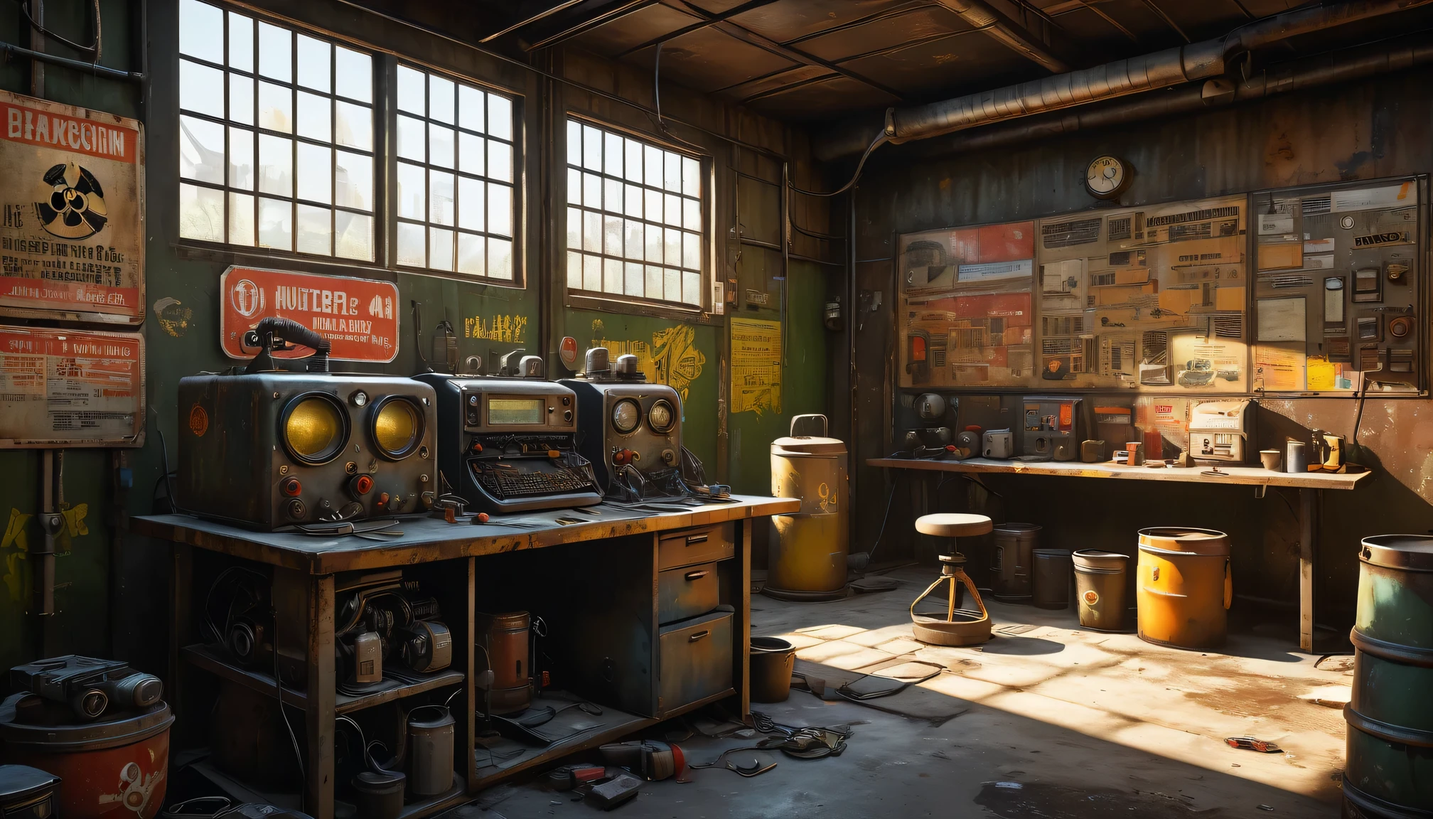 best quality, 4k, 8k, highres, masterpiece:1.2, ultra-detailed, realistic:1.37, HDR, UHD, studio lighting, ultra-fine painting, sharp focus, physically-based rendering, extreme detail description, professional, vivid colors, bokeh, 《Fallout 4》Repair Station in the game, rusty metal walls, flickering fluorescent lights, scattered tools and spare parts, a dusty workbench filled with old computer and wires, repair manuals stacked haphazardly, a girl repairing a vintage motorcycle with a broken engine,camouflage outfit,protective goggles,dirt smudges on her face and hands,heavy duty repair equipment,hardworking and determined expression,small windows covered in grime, a sign that says "Welcome to the Repair Station", a poster of a nuclear reactor with warning signs, old coffee mugs with faded logos, graffiti on the walls depicting mutated creatures color scheme with desaturated, muted tones, giving a sense of the post-apocalyptic world soft, dim lighting from the flickering fluorescent lights, casting eerie shadows on the walls and objects