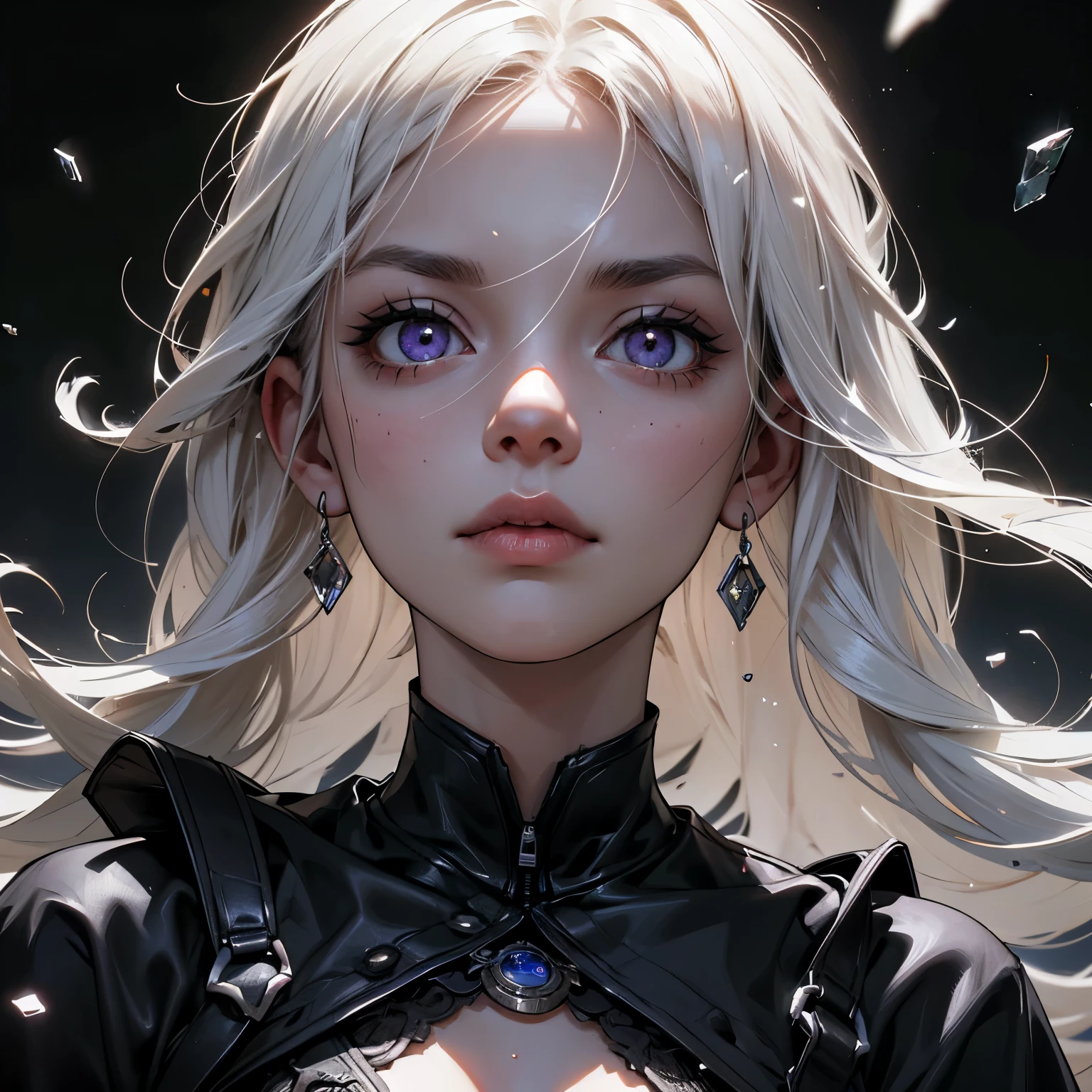 (masterpiece, best quality, ultra-detailed, best shadow), (detailed background,dark fantasy), (beautiful detailed face), high contrast, (best illumination, an extremely delicate and beautiful), ((cinematic light)), colorful, hyper detail, dramatic light, intricate details, (1girl, solo,white hair, sharp face,purple eyes, hair between eyes,dynamic angle), blood splatter, swirling black light around the character, depth of field,black light particles,(broken glass),magic circle,