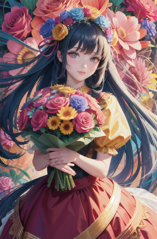 (ultra-Detailed Background, Detailed Background), Absurd, High resolution, Super detailed, Very detailed, One girl, (bouquet:1.3), (Tangled:1.2), (Geometric:1.2),(colorful),