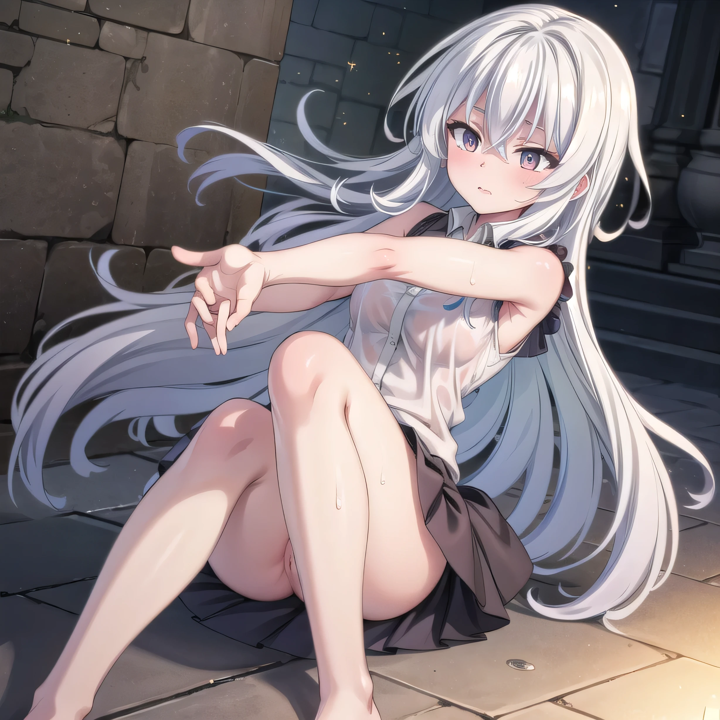 realistically, longhair, glitter silver hair, brown eyes, glowing eyes, white short skirt, super shot skirt, Blush, daytime, Wet from the rain, see through, sleeveless shirt, nipples, , pussy, crotch, surprise, hugging your knees, windy, elaina, the skirt is flipped up, masterpiece, highest quality, very High resolution, (detailed and beautiful eyes), highly detailed face, perfect lighting, Very detailed CG, (perfect hands, perfect anatomy), witch, seduce expression, bottomless, sex appeal, armpit, slender,