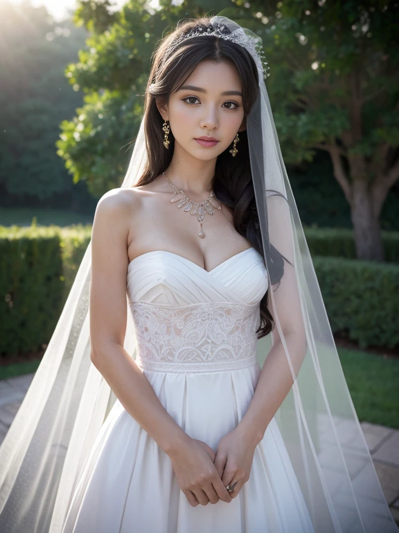 (masterpiece), Best Quality, Highest Quality, Highly detailed CG Unity 8k wallpaper, Original, High resolution, (depth of fields: 1.5), fidelity: 1.3, small breasts, Bride portrait style, 1 girl, drapes, veils , Bridal Veil, wedding dress, drapes, Jewelry, Solo, earrings, tusk, bride, Black_hair