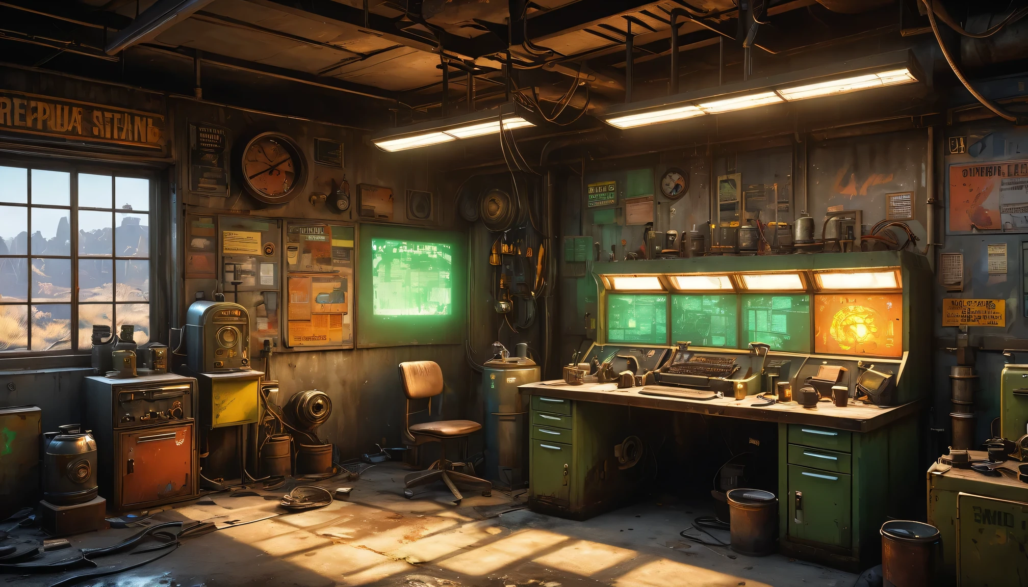 best quality, 4k, 8k, highres, masterpiece:1.2, ultra-detailed, realistic:1.37, HDR, UHD, studio lighting, ultra-fine painting, sharp focus, physically-based rendering, extreme detail description, professional, vivid colors, bokeh, 《Fallout 4》Repair Station in the game, rusty metal walls, flickering fluorescent lights, scattered tools and spare parts, a dusty workbench filled with old computer and wires, repair manuals stacked haphazardly, a girl repairing a vintage motorcycle with a broken engine,camouflage outfit,protective goggles,dirt smudges on her face and hands,heavy duty repair equipment,hardworking and determined expression,small windows covered in grime, a sign that says "Welcome to the Repair Station", a poster of a nuclear reactor with warning signs, old coffee mugs with faded logos, graffiti on the walls depicting mutated creatures color scheme with desaturated, muted tones, giving a sense of the post-apocalyptic world soft, dim lighting from the flickering fluorescent lights, casting eerie shadows on the walls and objects