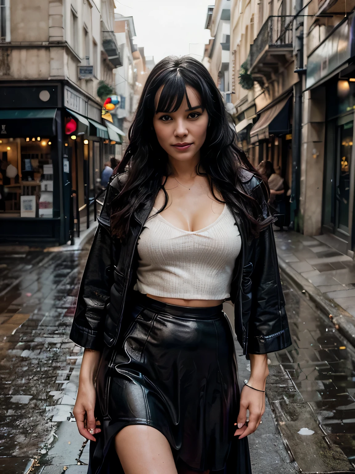 proFessional portrait photograph oF a gorgeous soaked Smiling Bettie page  girl in winter clothing with long wavy soaked Black hair, hard raing day, strong rain, black long maxi-skirt(black long maxi-skirt:1.2),sultry Flirty look, gorgeous symmetrical Face, joli maquillage naturel, wearing elegant warm soaked winter Fashion clothing, black leather gloves, ((debout dehors dans une rue enneigée de la ville)), bag on her shoulders,superbe environnement urbain moderne, ultra realistic, art conceptuel, elegant, Very detailed, complexe, sharp Focus, depth oF Field, F/1. 8, 85mm, Coup moyen, midplane, (((proFessionally color graded))), bright soFt diFFused light, (volumetric Fog), tendance sur Instagram, hdr 4k, 8K