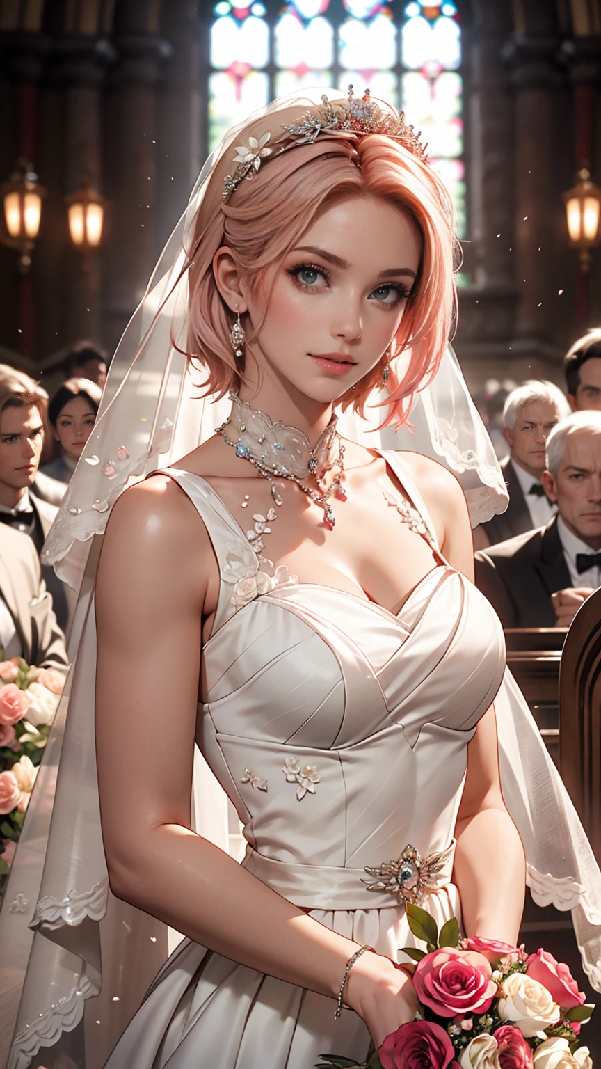 Sakura Haruno, ((alone)), alone, bride, Wearing a white wedding dress, Queen, Happy, ((Show your forehead)), Are standing, Entering the Church, Pink Hair, short hair, delicate, young, short hair, Detailed face, High resolution, ((whole body)), (Flowers around her), whole body, she is a beautiful woman getting married, High quality face, beautiful, Shine