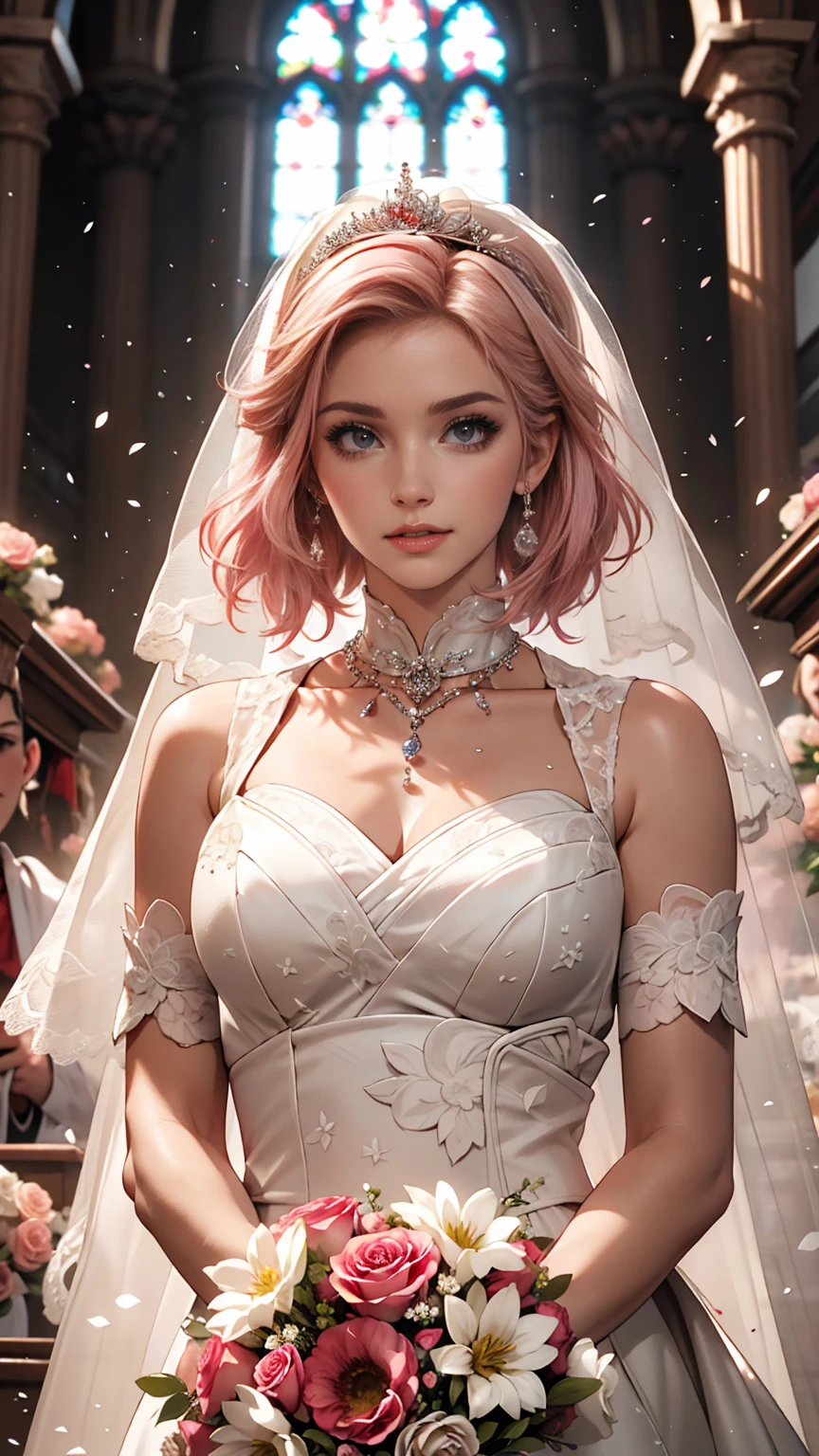 Sakura Haruno, ((alone)), alone, bride, Wearing a white wedding dress, Queen, Happy, ((Show your forehead)), Are standing, Entering the Church, Pink Hair, short hair, delicate, young, short hair, Detailed face, High resolution, ((whole body)), (Flowers around her), whole body, she is a beautiful woman getting married, High quality face, beautiful, Shine