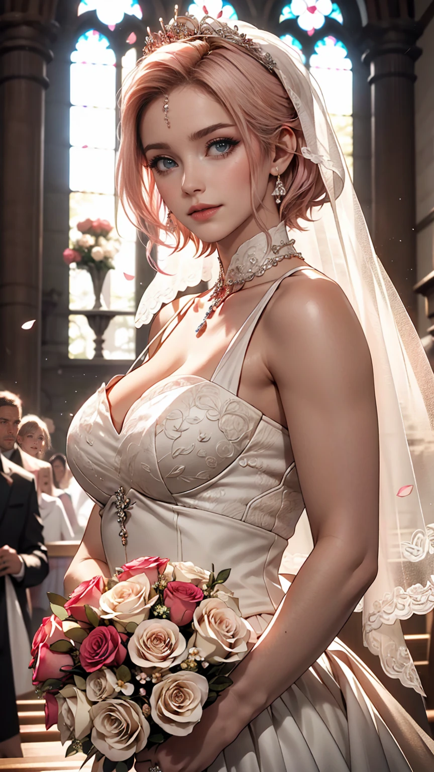 Sakura Haruno, ((alone)), alone, bride, Wearing a white wedding dress, Queen, Happy, ((Show your forehead)), Are standing, Entering the Church, Pink Hair, short hair, delicate, young, short hair, Detailed face, High resolution, ((whole body)), (Flowers around her), whole body, she is a beautiful woman getting married, High quality face, beautiful, Shine