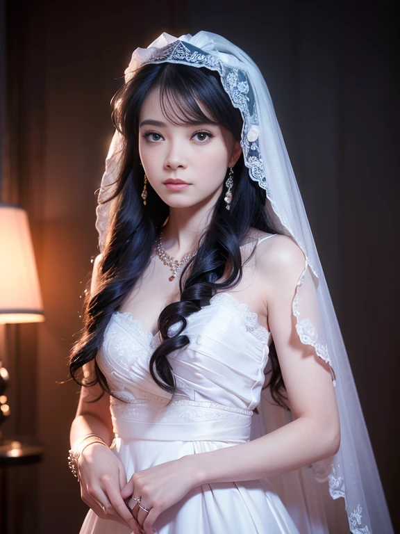 (masterpiece), Best Quality, Highest Quality, Highly detailed CG Unity 8k wallpaper, Original, High resolution, (depth of fields: 1.5), fidelity: 1.3, small breasts, Bride portrait style, 1 girl, drapes, veils , Bridal Veil, wedding dress, drapes, Jewelry, Solo, earrings, tusk, bride, Black_hair