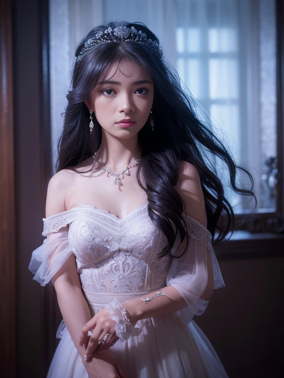 (masterpiece), Best Quality, Highest Quality, Highly detailed CG Unity 8k wallpaper, Original, High resolution, (depth of fields: 1.5), fidelity: 1.3, small breasts, Bride portrait style, 1 girl, drapes, veils , Bridal Veil, wedding dress, drapes, Jewelry, Solo, earrings, tusk, bride, Black_hair