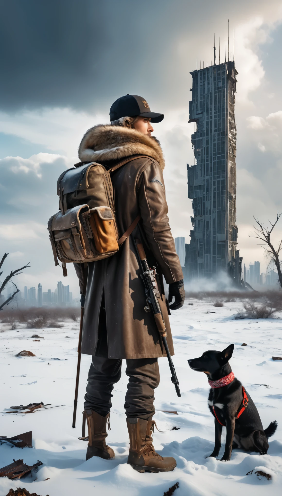 A realistic photo of a post-apocalyptic world where a giant asteroid hit the earth and caused massive destruction and climate change. The photo shows a person wearing a fur coat, a hat, a scarf, and gloves. They have a backpack, a crossbow, and a dog. They are standing on a snowy field that is littered with debris and craters. They are looking at a broken skyscraper that is leaning on another building. The sky is gray and cloudy. The photo has a cold and bleak tone. Nikon d8, outdoors, light shadows, beautiful lighting, raw photo, 8k, uhd, bokeh, film grain, dynamic, hdr.