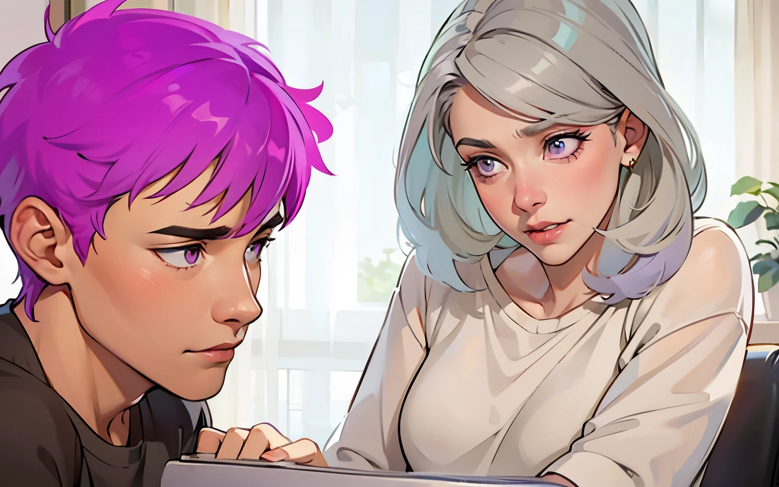 cute 16 year old boy purple hair purple eyes, with a 58 year old woman with gray hair, gray eyes, they are talking, they are sad.