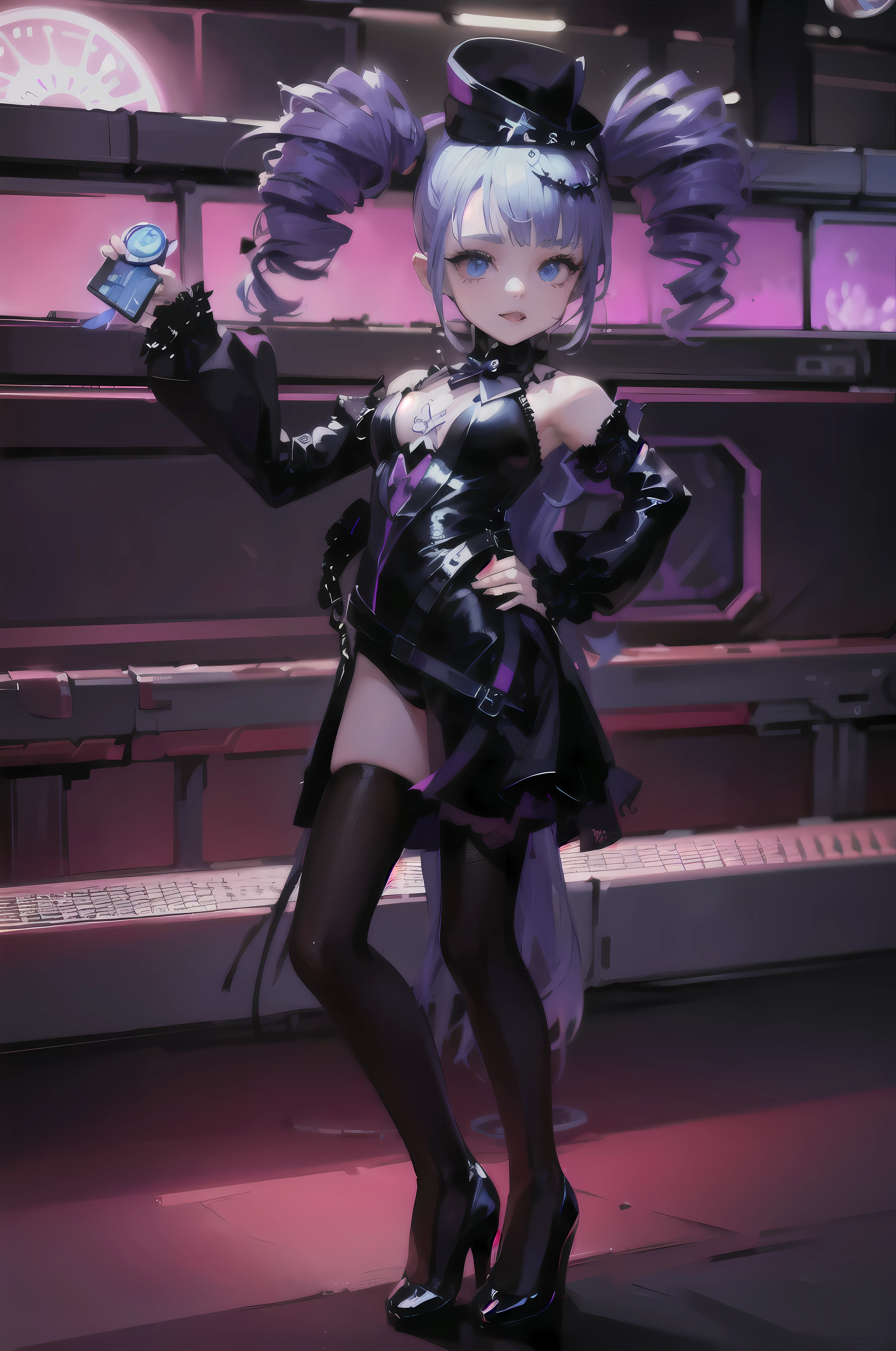 Long hair、（Purple Eyes 3.0）、bangs、Hair accessories、White hair、Denim shorts，Symbolic eyes colorful hair、Side Ponytail、Gradient hair、（Purple Hair3.0）、Hair between the eyes、Interpupillary cross,Awkward,blush,(Perfect hands),(Perfect anatomical structure),(masterpiece),(best quality),((masterpiece、best quality、Very detailed)、((A girl))、((Purple Hair、Very long hair、Cover your eyes))、Pink Eyes、Smile、((There are many piercings))、((Very large breasts))、Cowboy shooting、Shot from below、Office Background，((best quality)), ((masterpiece)), (detailed), (character focus、Breast Focus,whole body), Anime 2D Rendering, Realistic young anime women, Five fingers, Perfect face, Beautiful details, Beautiful Body, Beautiful breasts, Beautiful thighs, (Huge breasts)、Beautiful Feet, (Fair and beautiful skin), baby face、A girl、 (Black pantyhose), ((Grin))、She turned her face and body toward the audience，Beautiful face and charming smile，eternal，Hair Cover your eyes，（Large Breasts），Bikini，Shy，Exceed，Thick Legs，Succubus，Fascinating three-dimensional,Fascinating three-dimensional，Fascinating three-dimensional，Magical girl，Black shiny，night，No backrest，whole body，Purple Hair，Purple Eyes,Bare legs，No backrest，