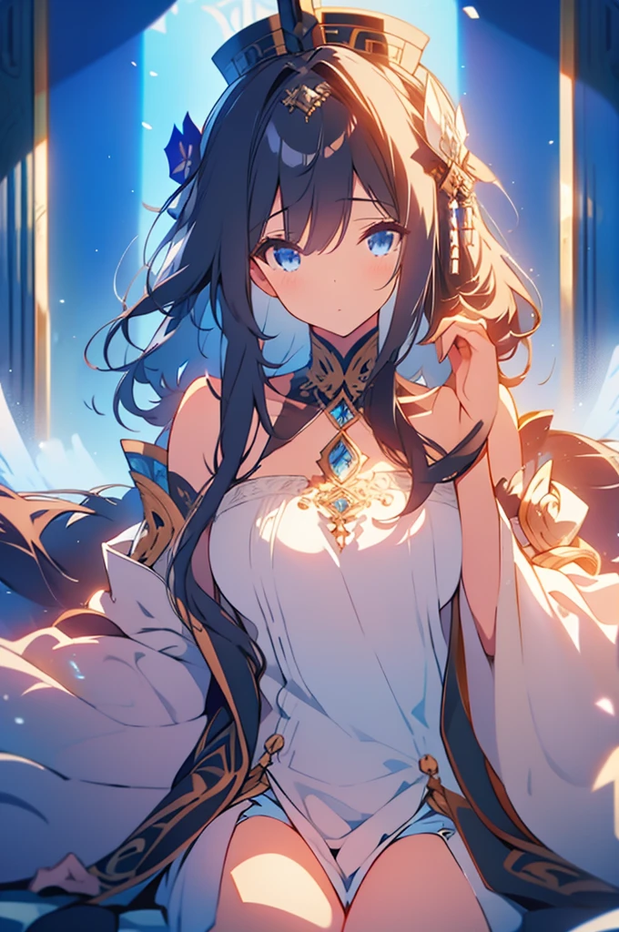 (((masterpiece))),best quality, illustration,(beautiful detailed girl),bare shoulders,flat_chst,diamond and glaring eyes,beautiful detailed cold face,very long blue and sliver hair,floaing black feathers,wavy hair,black and white sleeves,gold and sliver fringesl,a silver triple crown inlaid with obsidian,(sit) on the black ((throne)), (depth) of (field),big_breasts