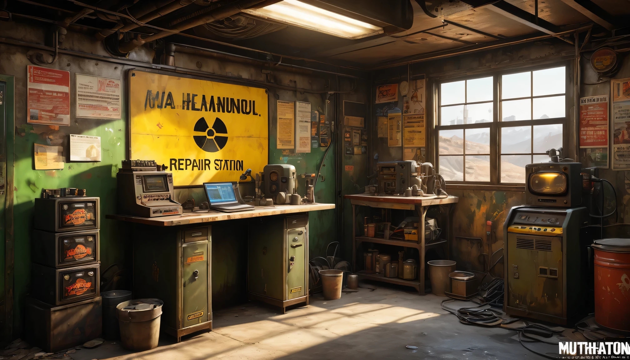 best quality, 4k, 8k, highres, masterpiece:1.2, ultra-detailed, realistic:1.37, HDR, UHD, studio lighting, ultra-fine painting, sharp focus, physically-based rendering, extreme detail description, professional, vivid colors, bokeh, 《Fallout 4》Repair Station in the game, rusty metal walls, flickering fluorescent lights, scattered tools and spare parts, a dusty workbench filled with old computer and wires, repair manuals stacked haphazardly, a girl repairing a vintage motorcycle with a broken engine,camouflage outfit,protective goggles,dirt smudges on her face and hands,hardworking and determined expression,small windows covered in grime, a sign that says "Welcome to the Repair Station", a poster of a nuclear reactor with warning signs, old coffee mugs with faded logos, graffiti on the walls depicting mutated creatures color scheme with desaturated, muted tones, giving a sense of the post-apocalyptic world soft, dim lighting from the flickering fluorescent lights, casting eerie shadows on the walls and objects
