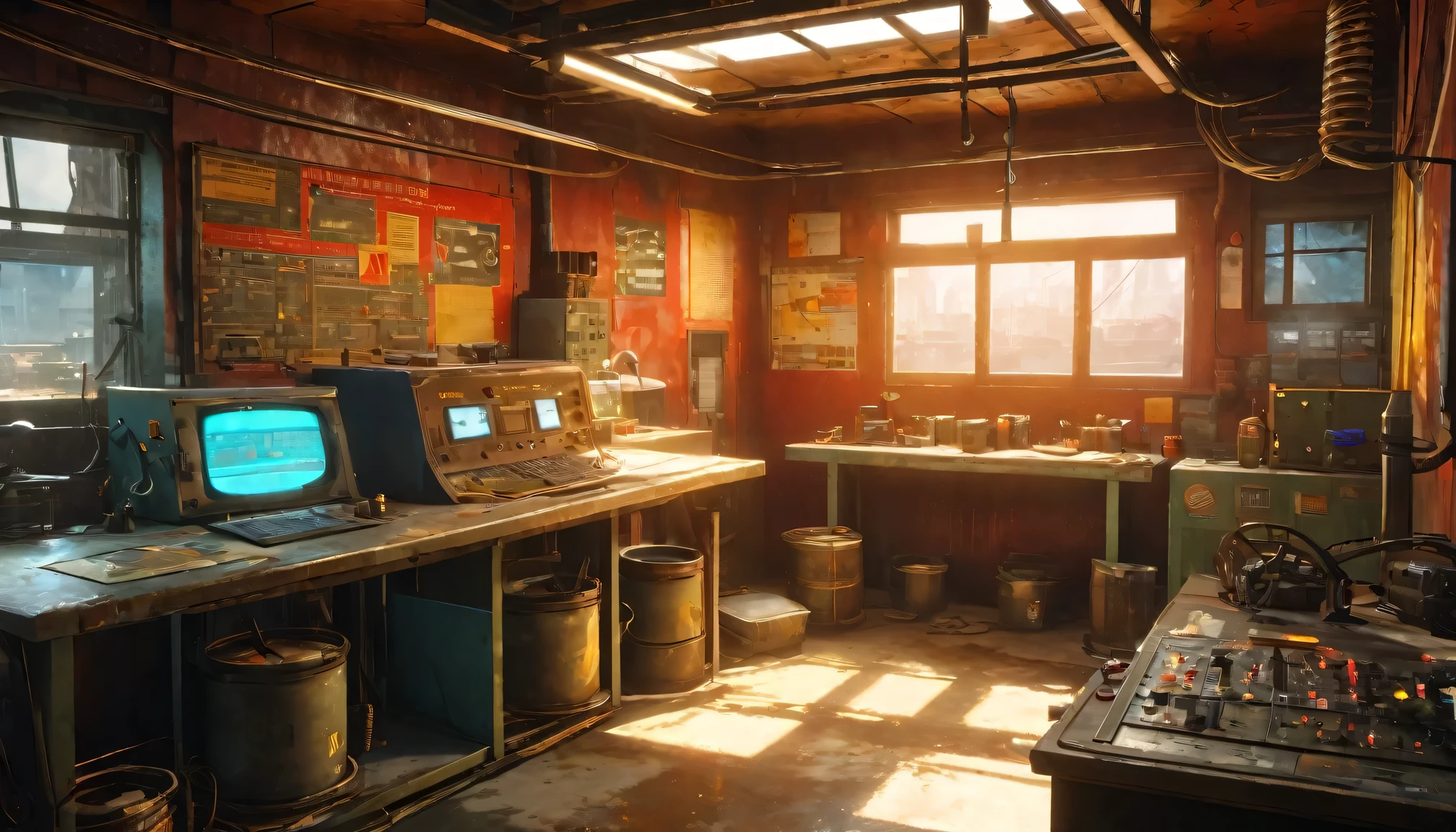 best quality, 4k, 8k, highres, masterpiece:1.2, ultra-detailed, realistic:1.37, HDR, UHD, studio lighting, ultra-fine painting, sharp focus, physically-based rendering, extreme detail description, professional, vivid colors, bokeh, portraits 《Fallout 4》Red Rocket Repair Station in the game, rusty metal walls and ceiling, flickering fluorescent lights, scattered tools and spare parts, worn workbenches covered in oil stains, a dusty workbench filled with computer circuit boards and wires, repair manuals stacked haphazardly, a radio crackling with static, a vintage motorcycle with a broken engine, a tattered flag hanging from the ceiling, small windows covered in grime, a sign that says "Welcome to the Repair Station", a poster of a nuclear reactor with warning signs, old coffee mugs with faded logos, graffiti on the walls depicting mutated creatures color scheme with desaturated, muted tones, giving a sense of the post-apocalyptic world soft, dim lighting from the flickering fluorescent lights, casting eerie shadows on the walls and objects
