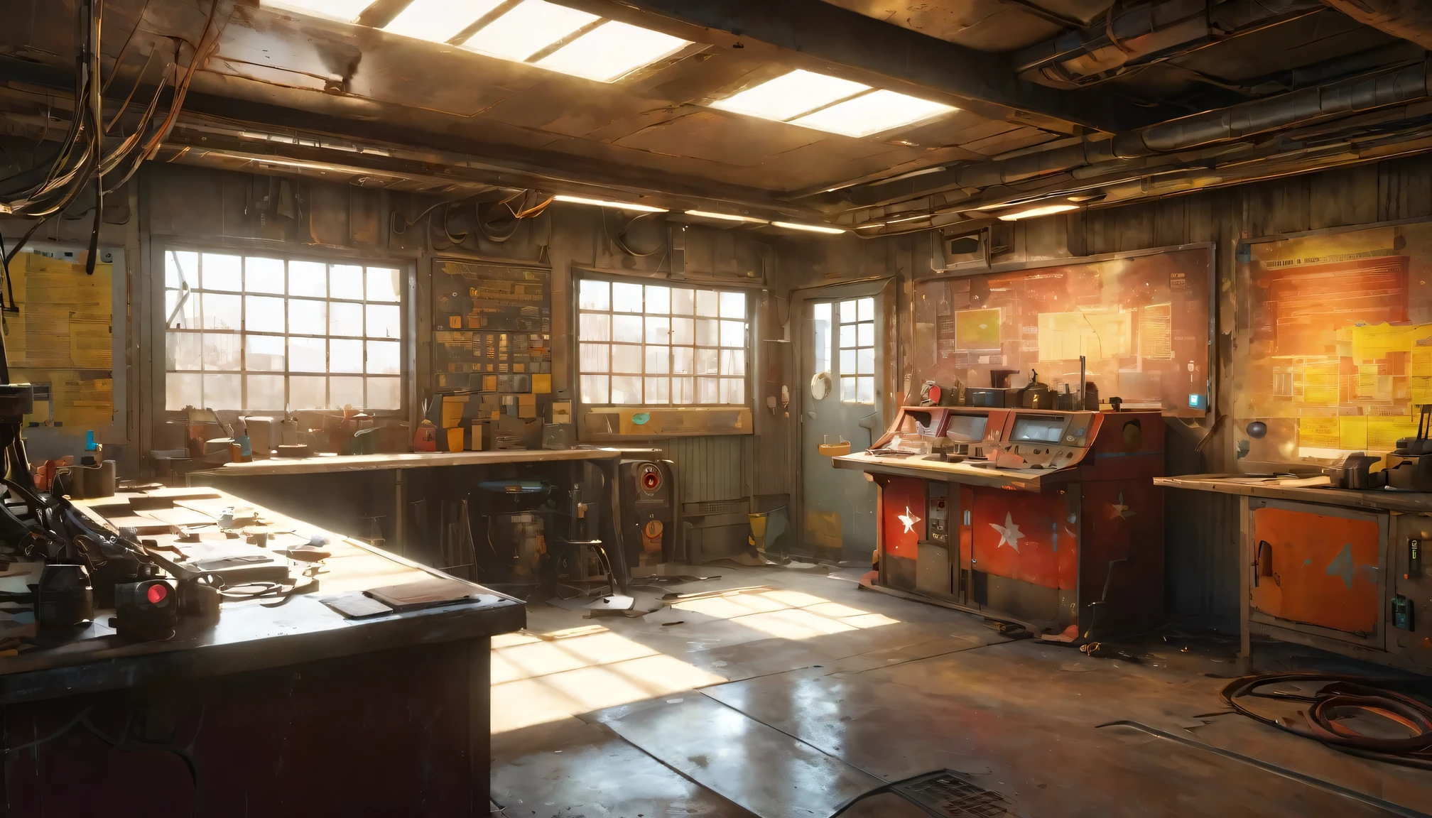 best quality, 4k, 8k, highres, masterpiece:1.2, ultra-detailed, realistic:1.37, HDR, UHD, studio lighting, ultra-fine painting, sharp focus, physically-based rendering, extreme detail description, professional, vivid colors, bokeh, portraits 《Fallout 4》Red Rocket Repair Station in the game, rusty metal walls and ceiling, flickering fluorescent lights, scattered tools and spare parts, worn workbenches covered in oil stains, a dusty workbench filled with computer circuit boards and wires, repair manuals stacked haphazardly, a radio crackling with static, a vintage motorcycle with a broken engine, a tattered flag hanging from the ceiling, small windows covered in grime, a sign that says "Welcome to the Repair Station", a poster of a nuclear reactor with warning signs, old coffee mugs with faded logos, graffiti on the walls depicting mutated creatures color scheme with desaturated, muted tones, giving a sense of the post-apocalyptic world soft, dim lighting from the flickering fluorescent lights, casting eerie shadows on the walls and objects