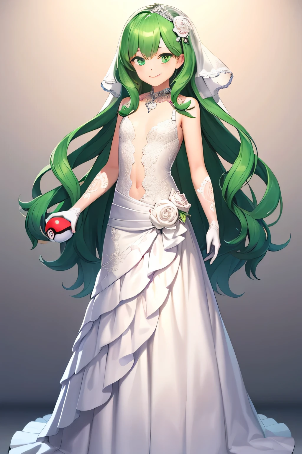 Masterpiece, best quality, wedding dress, gloves, male, drag queen, standing, full body, smile, closed mouth, green hair, green eyes, male hair, flat chest, holding a pokeball