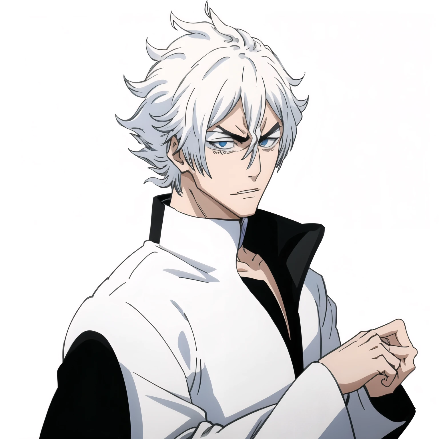 1male, solo, arrancar, solemn face, long sleeves, simple background, white background, 