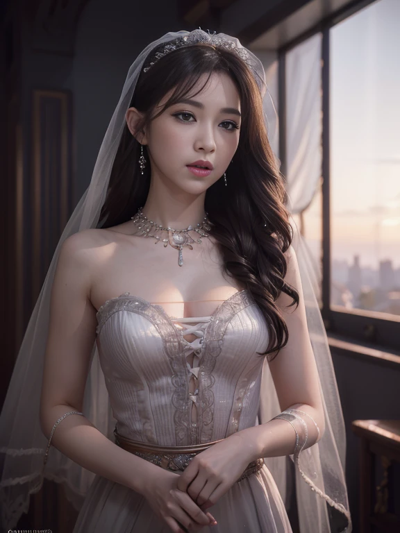 (masterpiece), Best Quality, Highest Quality, Highly detailed CG Unity 8k wallpaper, Original, High resolution, (depth of fields: 1.5), fidelity: 1.3, small breasts, Bride portrait style, 1 girl, drapes, veils , Bridal Veil, wedding dress, drapes, Jewelry, Solo, earrings, tusk, bride, Black_hair