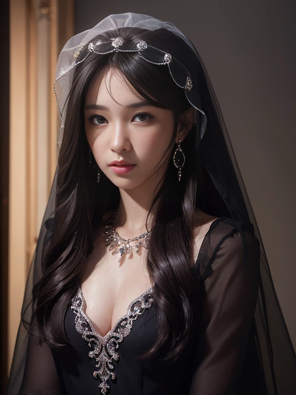 (masterpiece), Best Quality, Highest Quality, Highly detailed CG Unity 8k wallpaper, Original, High resolution, (depth of fields: 1.5), fidelity: 1.3, small breasts, Bride portrait style, 1 girl, drapes, veils , Bridal Veil, wedding dress, drapes, Jewelry, Solo, earrings, tusk, bride, Black_hair