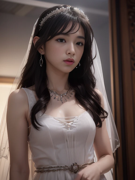 (masterpiece), Best Quality, Highest Quality, Highly detailed CG Unity 8k wallpaper, Original, High resolution, (depth of fields: 1.5), fidelity: 1.3, small breasts, Bride portrait style, 1 girl, drapes, veils , Bridal Veil, wedding dress, drapes, Jewelry, Solo, earrings, tusk, bride, Black_hair