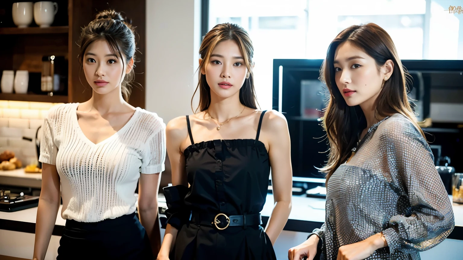 super high quality, Fashion Model, The staff is working at the counter in the back., (8k、RAW Photos、highest quality、masterpiece:1.2), brown hair, Stylish café, Fashion magazine shooting, (Realistic、Photorealistic:1.37), Beautiful Face , Mesh Hair, Urban Cafe, Golden Ratio, A gentle gaze, Spring Clothes, good looking, Super cool S-class boys, Muscular, Handsome, Loose Palmer, wild, Beautiful hairstyle, 30 years old, Dandy, Business Casual,