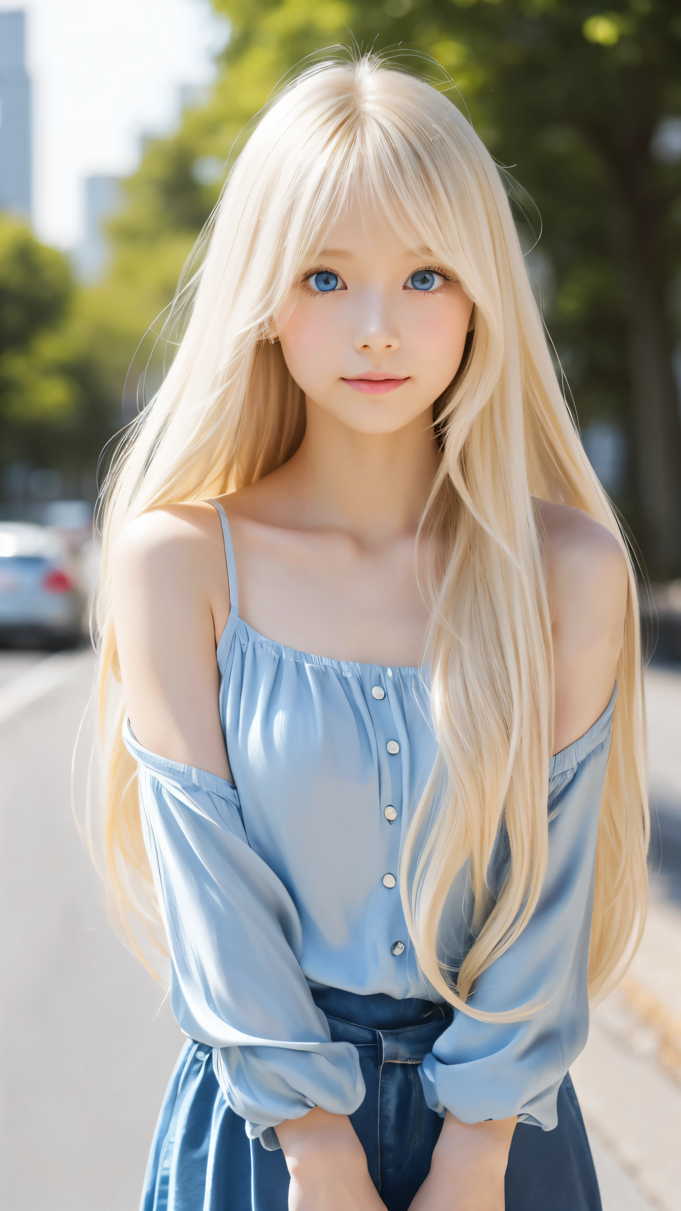 Shining, clear, white skin、Her windblown blonde hair hides her beautiful face、huge、28 years old cute sexy little beautiful face、Beautiful straight hair that stands out、growing up, Sparkling light blue eyes、long silky bangs that cover cute eyes, Sexy and cute young woman with super long hair hiding her sexy face、Super long, natural platinum blonde shiny hair