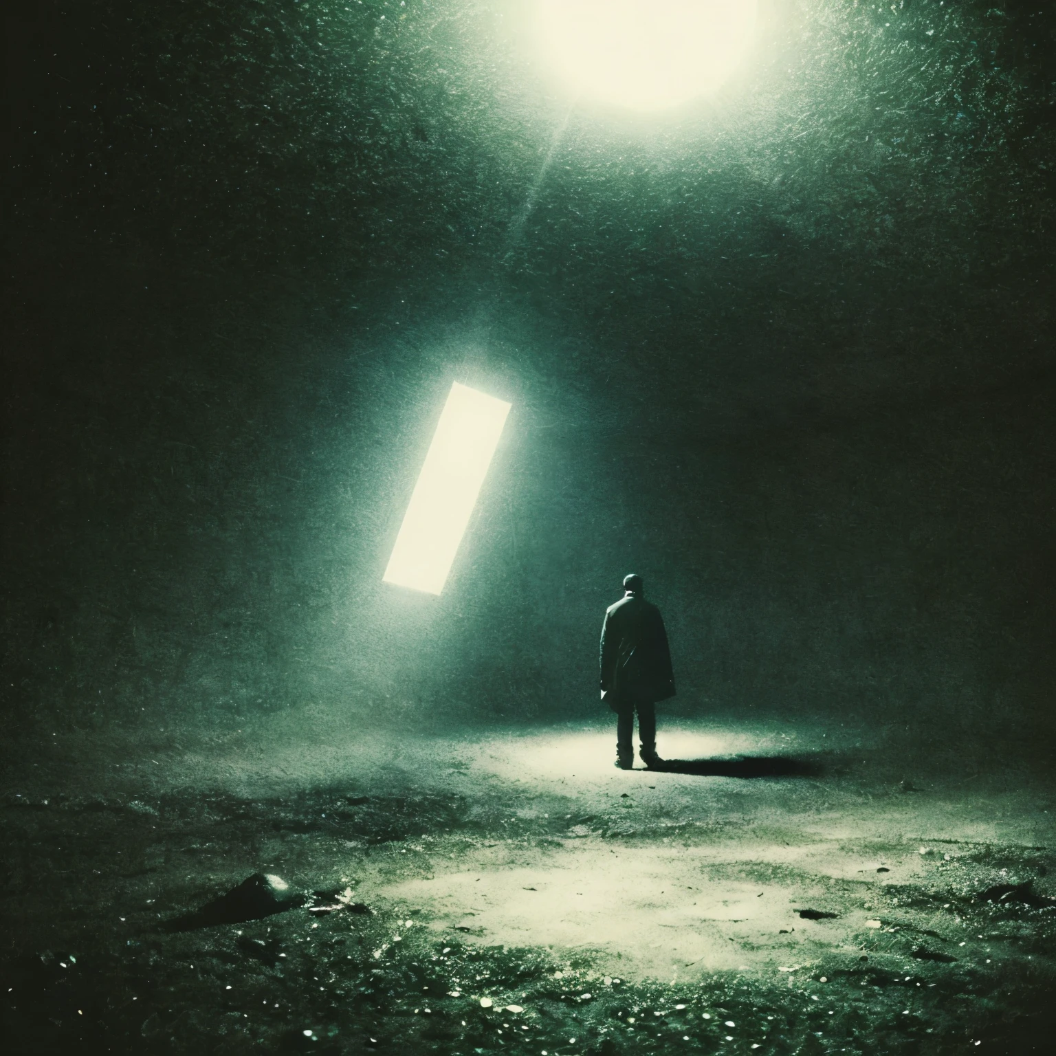 Arav&#39;s image of a person standing in darkness and light shining on him., dark figure walking, claustrophobia, An eerie, unsettling space., pinhole photo : dream, Hyperliminal photography, Liminal Space Photography, claustrophobic, liminal space, eerie, scary, An eerie, eerie space., Analog photography experiments, Slow - Shutter, ghost numbers, dark atmosphere album cover