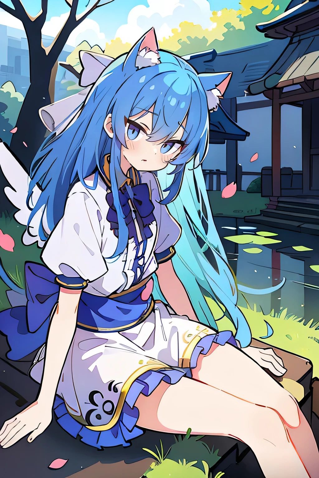 (masterpiece:1.2),ultra-detailed,realistic,expressive eyes,fair-skinned,perfectly shaped face,1girl,
Japanese cartoons,Gorgeous blue hair, flowing blue hair,floating clothes,cat ears,petals falling,beautiful Lola,Hina Angel,
hands on waist,gracefully sitting on the ground,legs crossed,gentle and serene background,cool and comfortable pavilion.