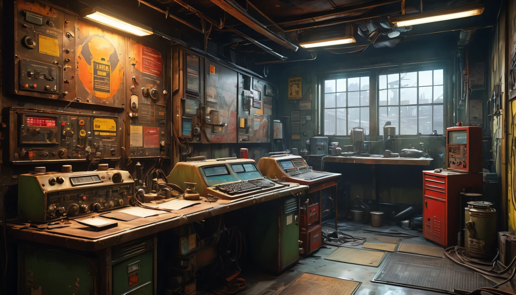 best quality, 4k, 8k, highres, masterpiece:1.2, ultra-detailed, realistic:1.37, HDR, UHD, studio lighting, ultra-fine painting, sharp focus, physically-based rendering, extreme detail description, professional, vivid colors, bokeh, portraits 《Fallout 4》Red Rocket Repair Station in the game, rusty metal walls and ceiling, flickering fluorescent lights, scattered tools and spare parts, worn workbenches covered in oil stains, a dusty workbench filled with computer circuit boards and wires, repair manuals stacked haphazardly, a radio crackling with static, a vintage motorcycle with a broken engine, a tattered flag hanging from the ceiling, small windows covered in grime, a sign that says "Welcome to the Repair Station", a poster of a nuclear reactor with warning signs, old coffee mugs with faded logos, graffiti on the walls depicting mutated creatures color scheme with desaturated, muted tones, giving a sense of the post-apocalyptic world soft, dim lighting from the flickering fluorescent lights, casting eerie shadows on the walls and objects