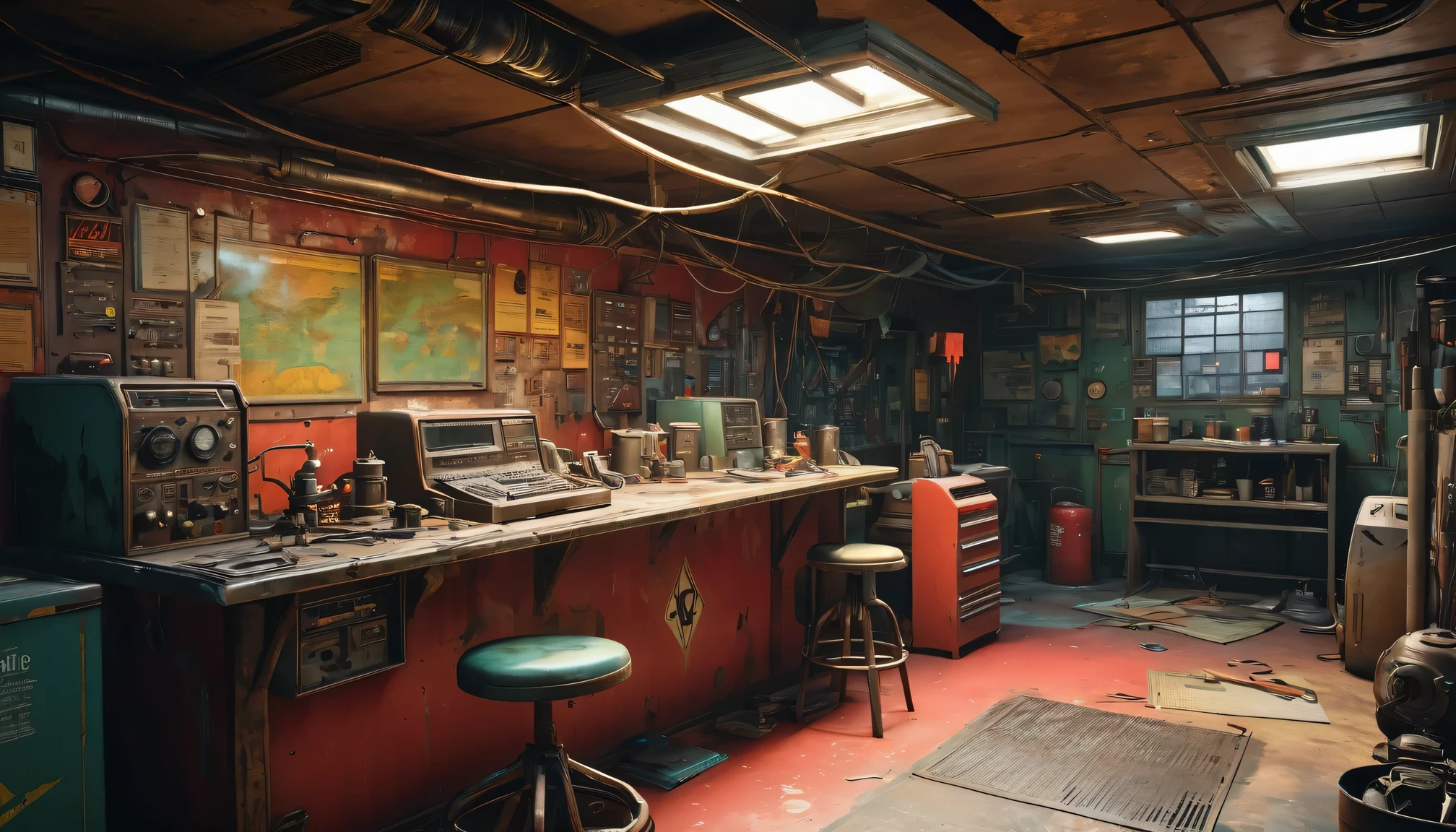 best quality, 4k, 8k, highres, masterpiece:1.2, ultra-detailed, realistic:1.37, HDR, UHD, studio lighting, ultra-fine painting, sharp focus, physically-based rendering, extreme detail description, professional, vivid colors, bokeh, portraits 《Fallout 4》Red Rocket Repair Station in the game, rusty metal walls and ceiling, flickering fluorescent lights, scattered tools and spare parts, worn workbenches covered in oil stains, a dusty workbench filled with computer circuit boards and wires, repair manuals stacked haphazardly, a radio crackling with static, a vintage motorcycle with a broken engine, a tattered flag hanging from the ceiling, small windows covered in grime, a sign that says "Welcome to the Repair Station", a poster of a nuclear reactor with warning signs, old coffee mugs with faded logos, graffiti on the walls depicting mutated creatures color scheme with desaturated, muted tones, giving a sense of the post-apocalyptic world soft, dim lighting from the flickering fluorescent lights, casting eerie shadows on the walls and objects