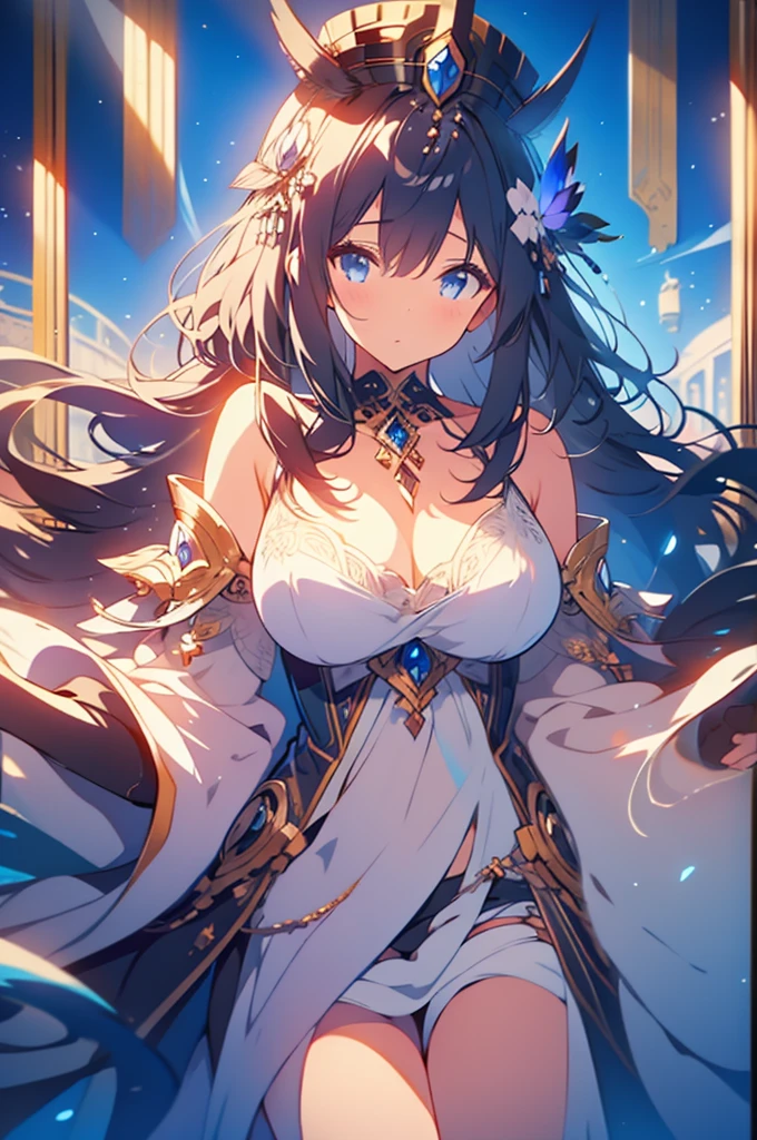 (((masterpiece))),best quality, illustration,(beautiful detailed girl),bare shoulders,flat_chst,diamond and glaring eyes,beautiful detailed cold face,very long blue and sliver hair,floaing black feathers,wavy hair,black and white sleeves,gold and sliver fringesl,a silver triple crown inlaid with obsidian,(sit) on the black ((throne)), (depth) of (field),big_breasts