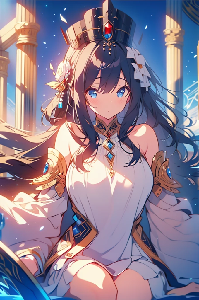 (((masterpiece))),best quality, illustration,(beautiful detailed girl),bare shoulders,flat_chst,diamond and glaring eyes,beautiful detailed cold face,very long blue and sliver hair,floaing black feathers,wavy hair,black and white sleeves,gold and sliver fringesl,a silver triple crown inlaid with obsidian,(sit) on the black ((throne)), (depth) of (field),big_breasts