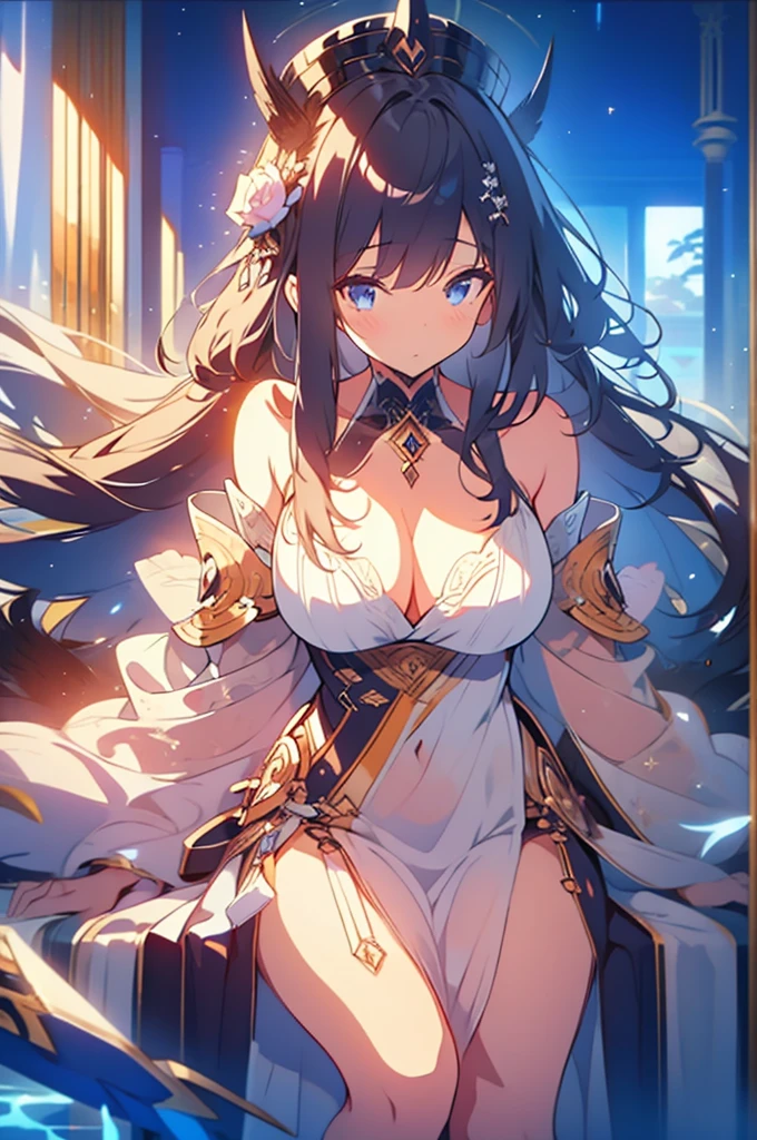 (((masterpiece))),best quality, illustration,(beautiful detailed girl),bare shoulders,flat_chst,diamond and glaring eyes,beautiful detailed cold face,very long blue and sliver hair,floaing black feathers,wavy hair,black and white sleeves,gold and sliver fringesl,a silver triple crown inlaid with obsidian,(sit) on the black ((throne)), (depth) of (field),big_breasts