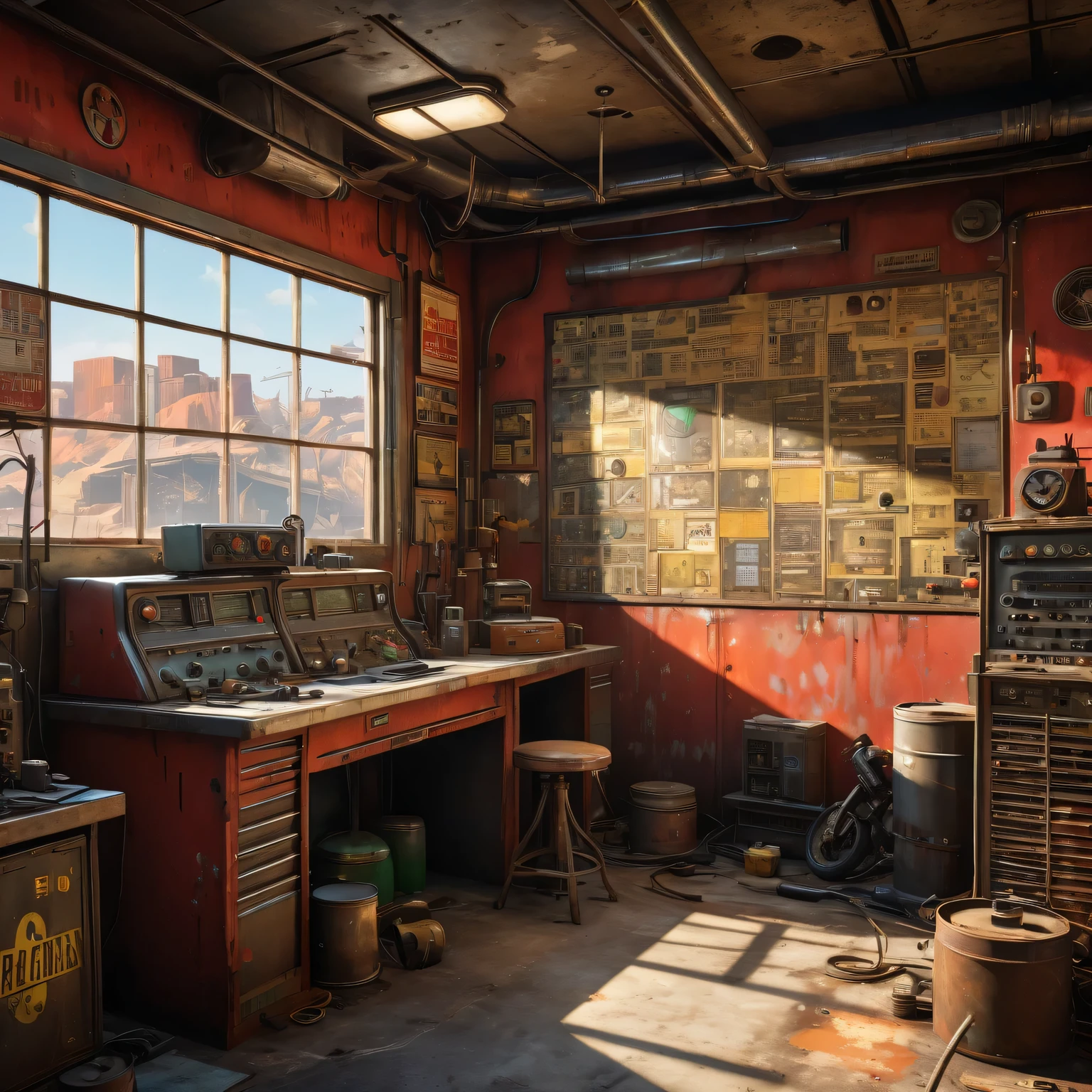 best quality, 4k, 8k, highres, masterpiece:1.2, ultra-detailed, realistic:1.37, HDR, UHD, studio lighting, ultra-fine painting, sharp focus, physically-based rendering, extreme detail description, professional, vivid colors, bokeh, portraits 《Fallout 4》Red Rocket Repair Station in the game, rusty metal walls and ceiling, flickering fluorescent lights, scattered tools and spare parts, worn workbenches covered in oil stains, a dusty workbench filled with computer circuit boards and wires, repair manuals stacked haphazardly, a radio crackling with static, a vintage motorcycle with a broken engine, a tattered flag hanging from the ceiling, small windows covered in grime, a sign that says "Welcome to the Repair Station", a poster of a nuclear reactor with warning signs, old coffee mugs with faded logos, graffiti on the walls depicting mutated creatures color scheme with desaturated, muted tones, giving a sense of the post-apocalyptic world soft, dim lighting from the flickering fluorescent lights, casting eerie shadows on the walls and objects
