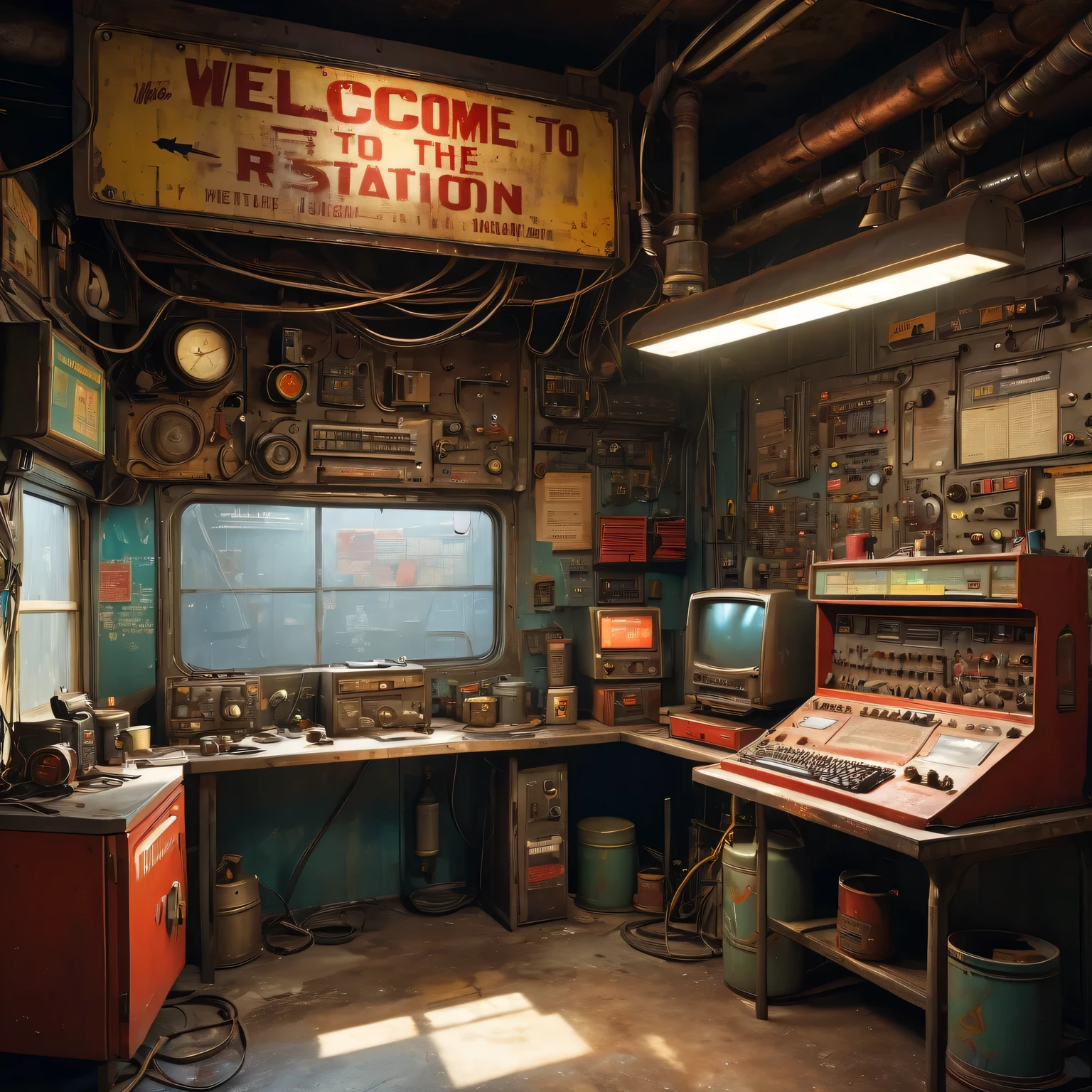 best quality, 4k, 8k, highres, masterpiece:1.2, ultra-detailed, realistic:1.37, HDR, UHD, studio lighting, ultra-fine painting, sharp focus, physically-based rendering, extreme detail description, professional, vivid colors, bokeh, portraits 《Fallout 4》Red Rocket Repair Station in the game, rusty metal walls and ceiling, flickering fluorescent lights, scattered tools and spare parts, worn workbenches covered in oil stains, a dusty workbench filled with computer circuit boards and wires, repair manuals stacked haphazardly, a radio crackling with static, a vintage motorcycle with a broken engine, a tattered flag hanging from the ceiling, small windows covered in grime, a sign that says "Welcome to the Repair Station", a poster of a nuclear reactor with warning signs, old coffee mugs with faded logos, graffiti on the walls depicting mutated creatures color scheme with desaturated, muted tones, giving a sense of the post-apocalyptic world soft, dim lighting from the flickering fluorescent lights, casting eerie shadows on the walls and objects