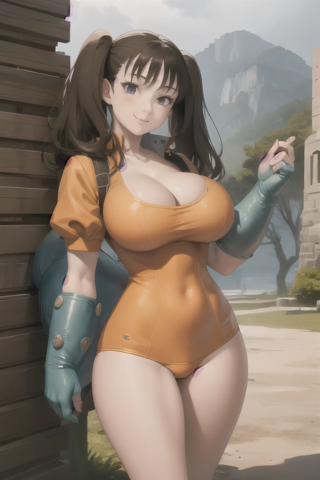 masterpiece, best quality,  sdsDiane, sdsDiane, orange leotard, cleavage, puffy sleeves, collarbone, single elbow glove, huge breasts, giantess, giant, looking at viewer, smile, cowboy shot, landscape, standing