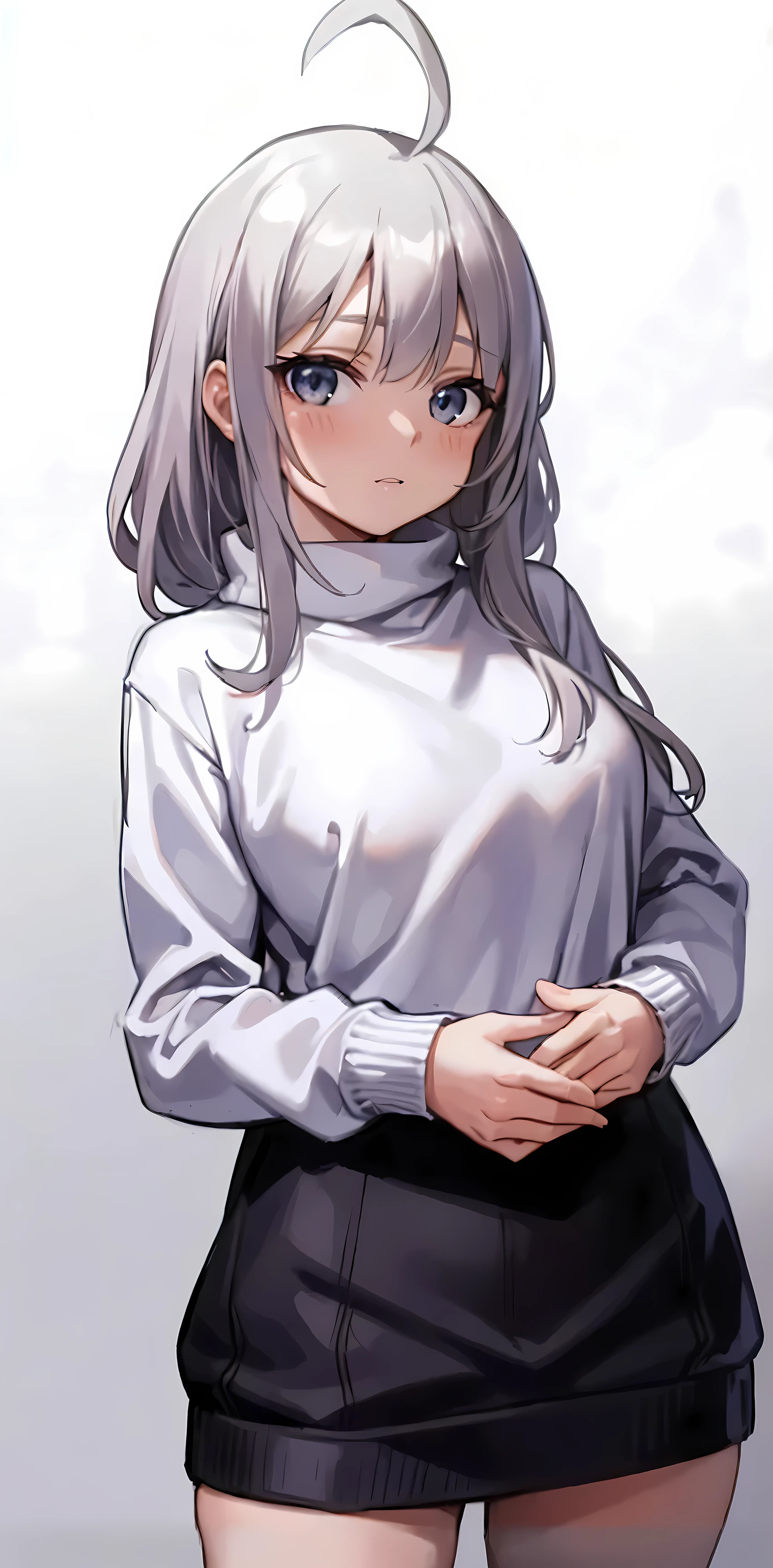 ahoge, silver hair, white background, grey background,.